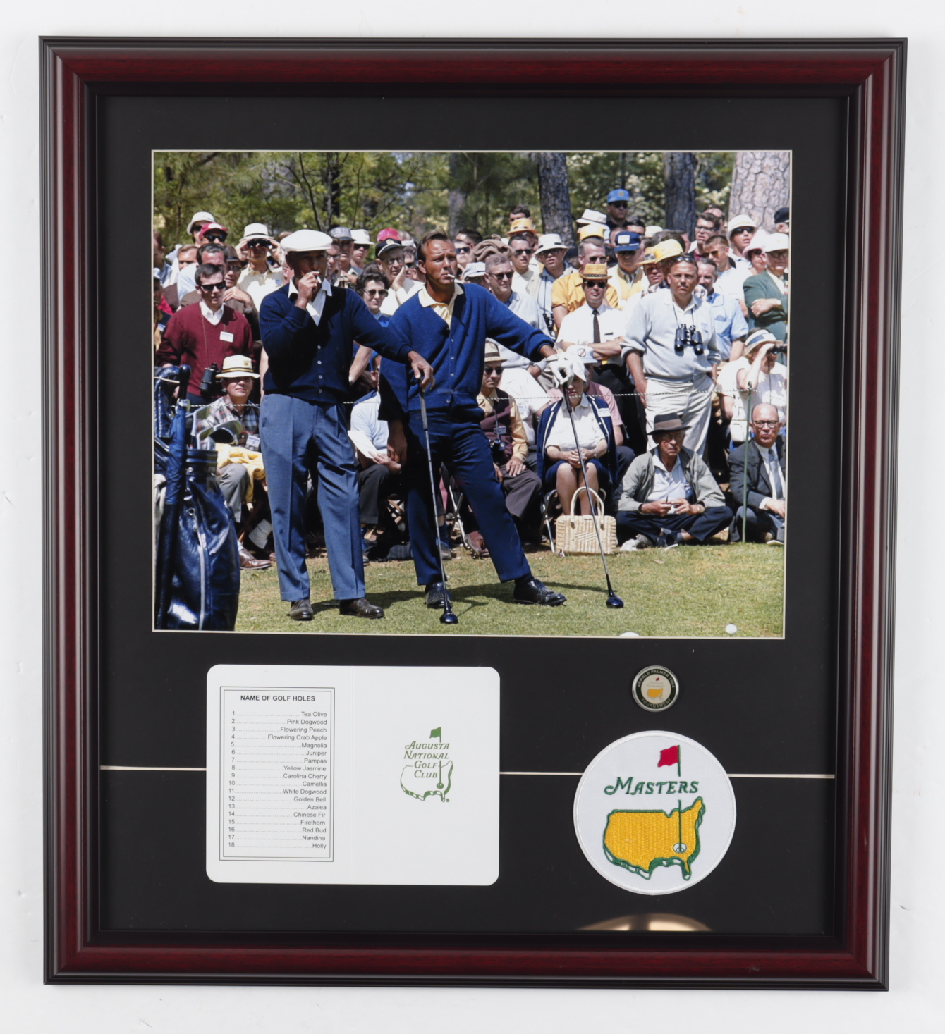 Ben Hogan & Arnold Palmer Augusta National Masters 18x20 Custom Framed Photo with Masters Pin, Patch, & Scorecard at PristineAuction.com Ben Hogan & Arnold Palmer Augusta National Masters 18x20 Custom Framed Photo with Masters Pin, Patch, & Scorecard at PristineAuction.com