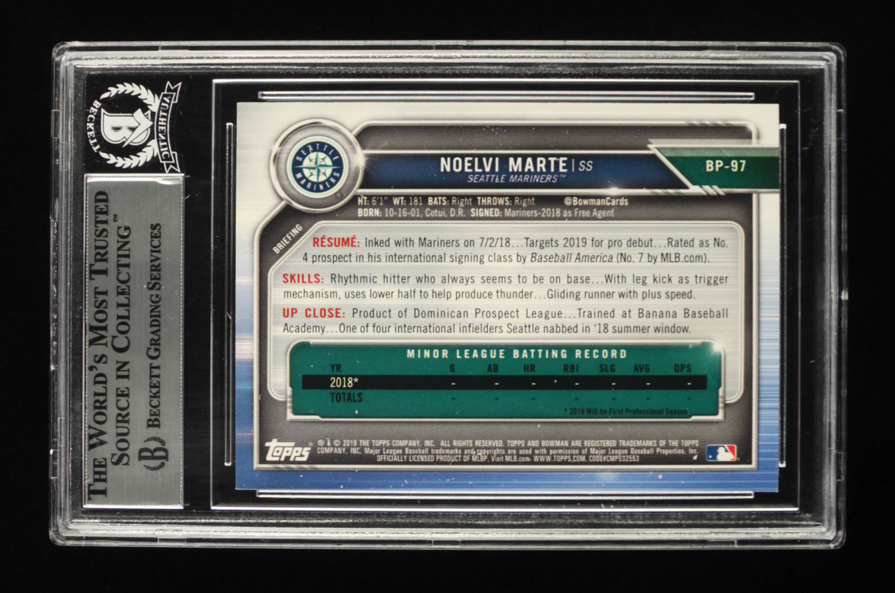 Noelvi Marte Signed 2019 Bowman Prospects #BP97 (BGS) at PristineAuction.com Noelvi Marte Signed 2019 Bowman Prospects #BP97 (BGS) at PristineAuction.com