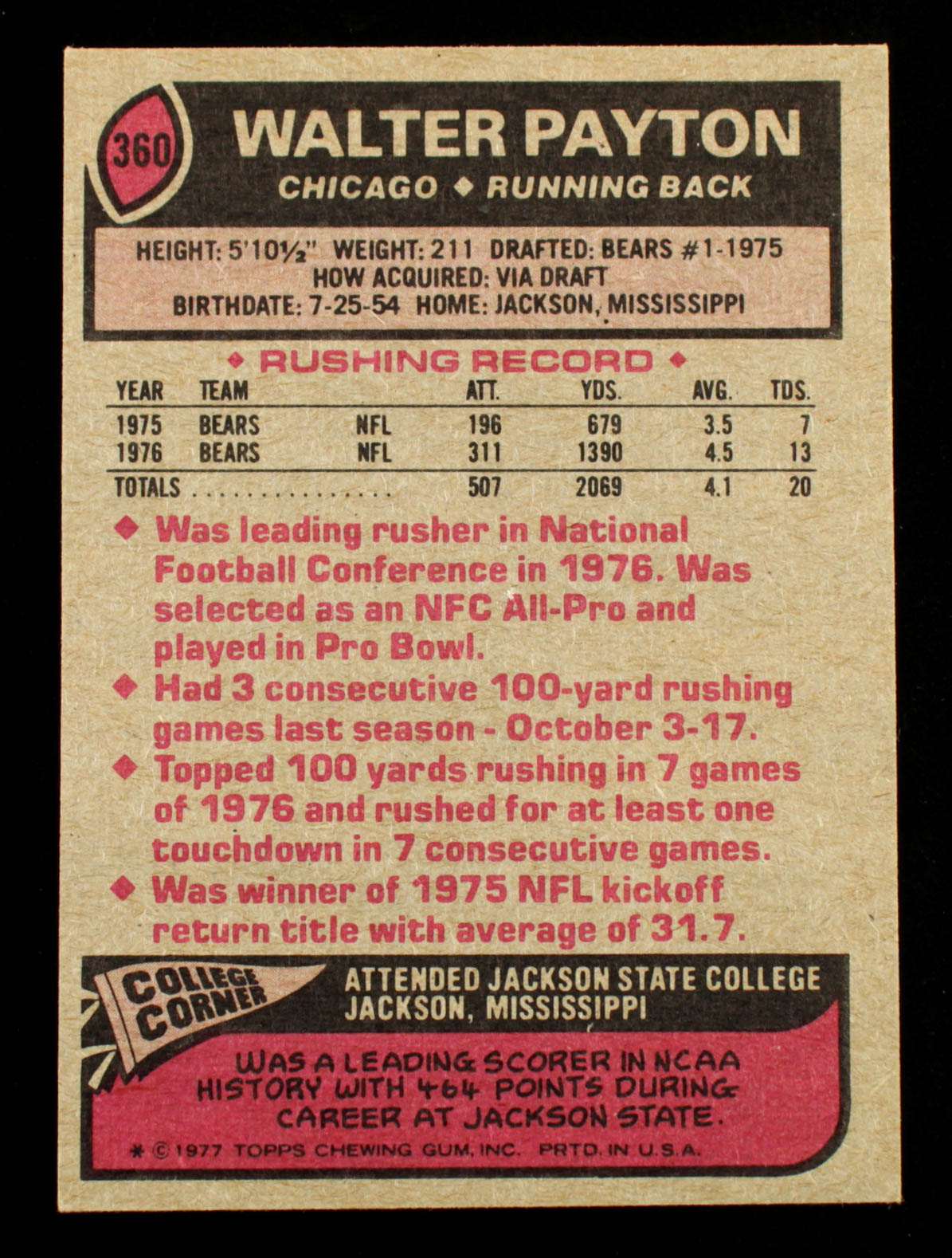 Walter Payton 1977 Topps #360 AP at PristineAuction.com Walter Payton 1977 Topps #360 AP at PristineAuction.com