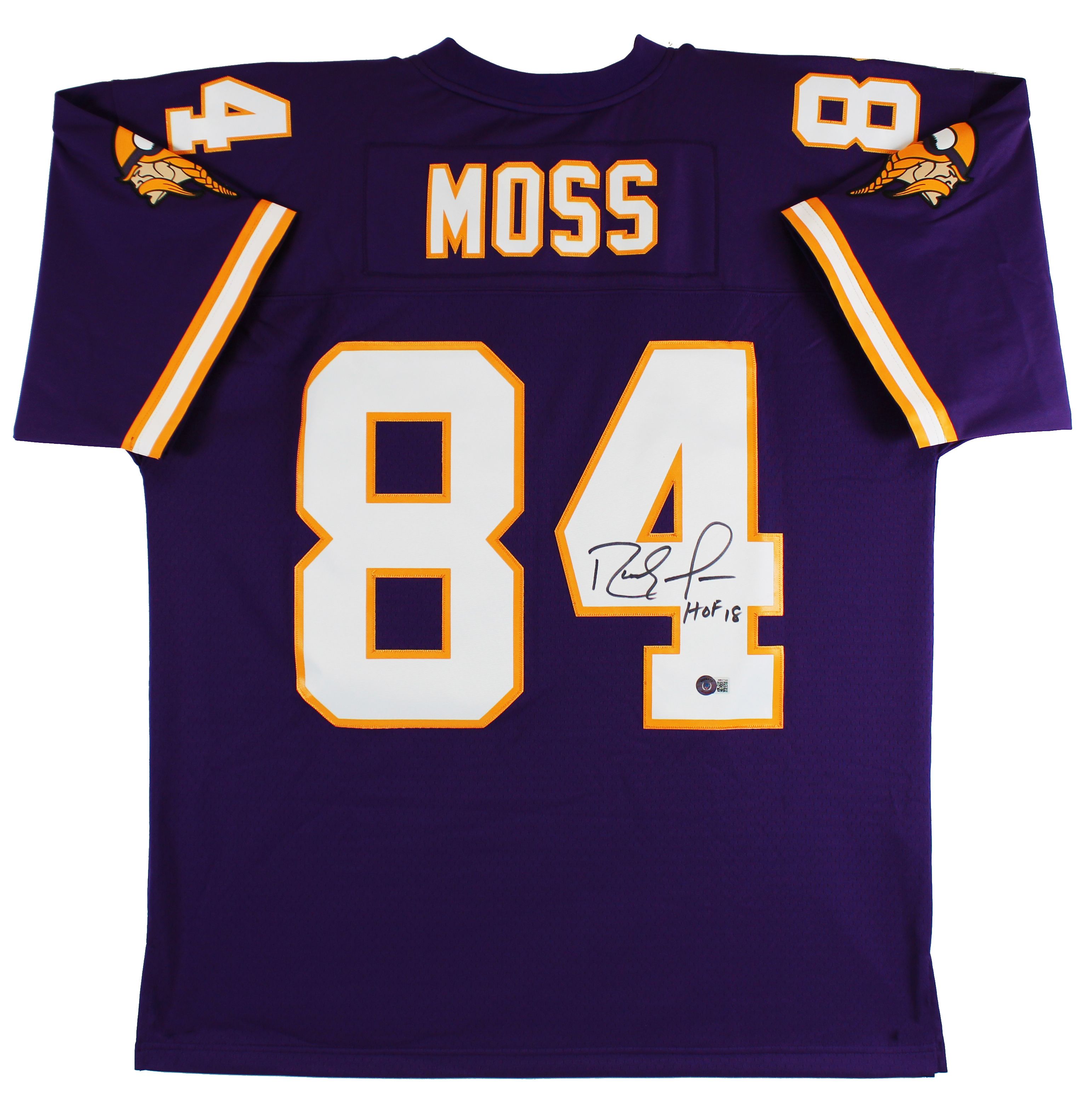 Randy Moss Signed Mitchell & Ness Vikings Jersey Inscribed "HOF 18" (Beckett) at PristineAuction.com Randy Moss Signed Mitchell & Ness Vikings Jersey Inscribed "HOF 18" (Beckett) at PristineAuction.com