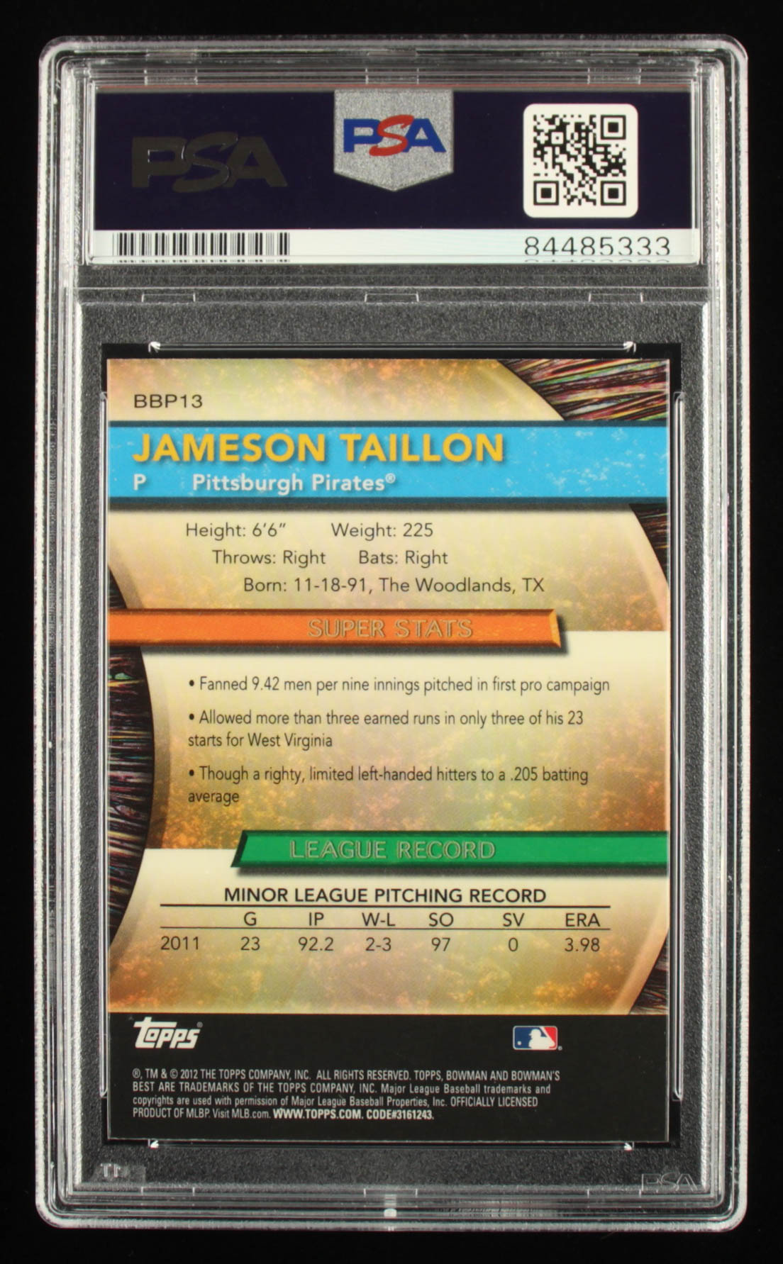 Jameson Taillon Signed 2012 Bowman Bowman's Best Prospects #BBP13 (PSA) at PristineAuction.com Jameson Taillon Signed 2012 Bowman Bowman's Best Prospects #BBP13 (PSA) at PristineAuction.com