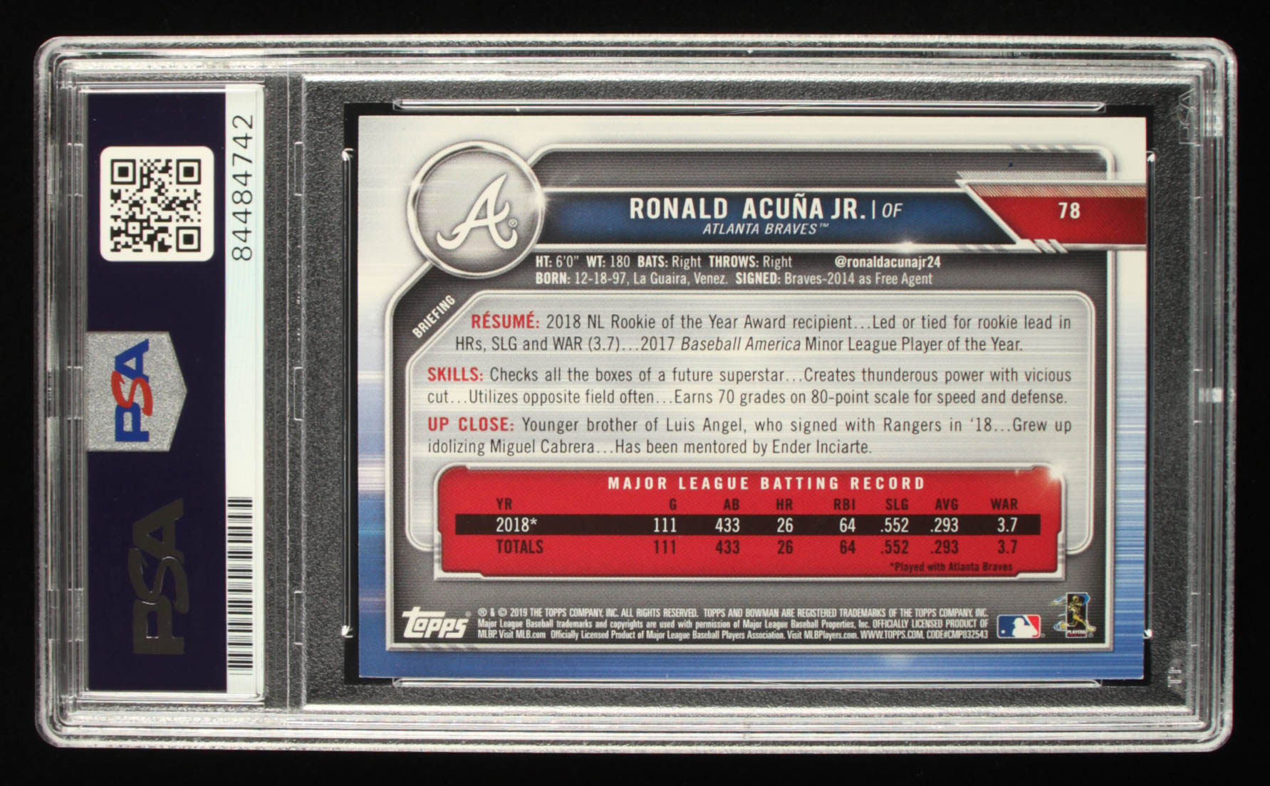 Ronald Acuna Jr. Signed 2019 Bowman #78 (PSA) at PristineAuction.com Ronald Acuna Jr. Signed 2019 Bowman #78 (PSA) at PristineAuction.com