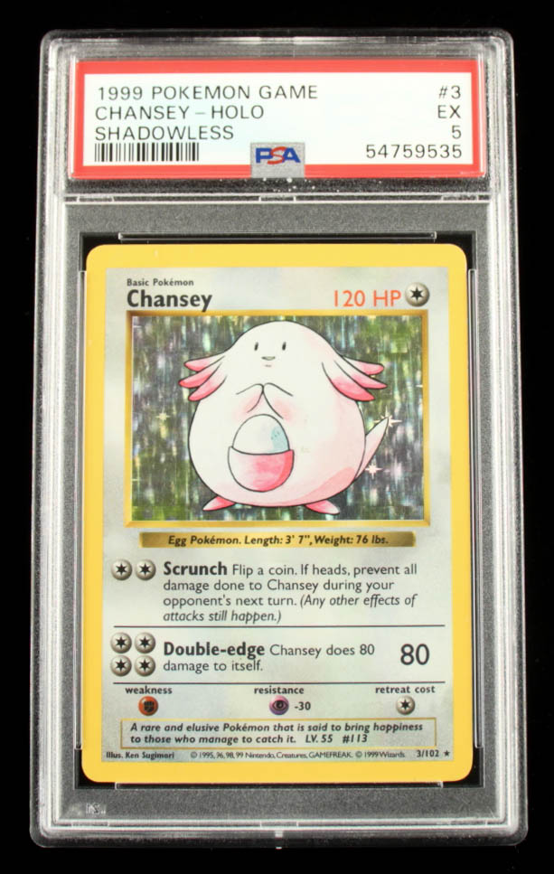 Chansey 1999 Pokemon Base Shadowless #3 Holo (PSA 5) at PristineAuction.com Chansey 1999 Pokemon Base Shadowless #3 Holo (PSA 5) at PristineAuction.com