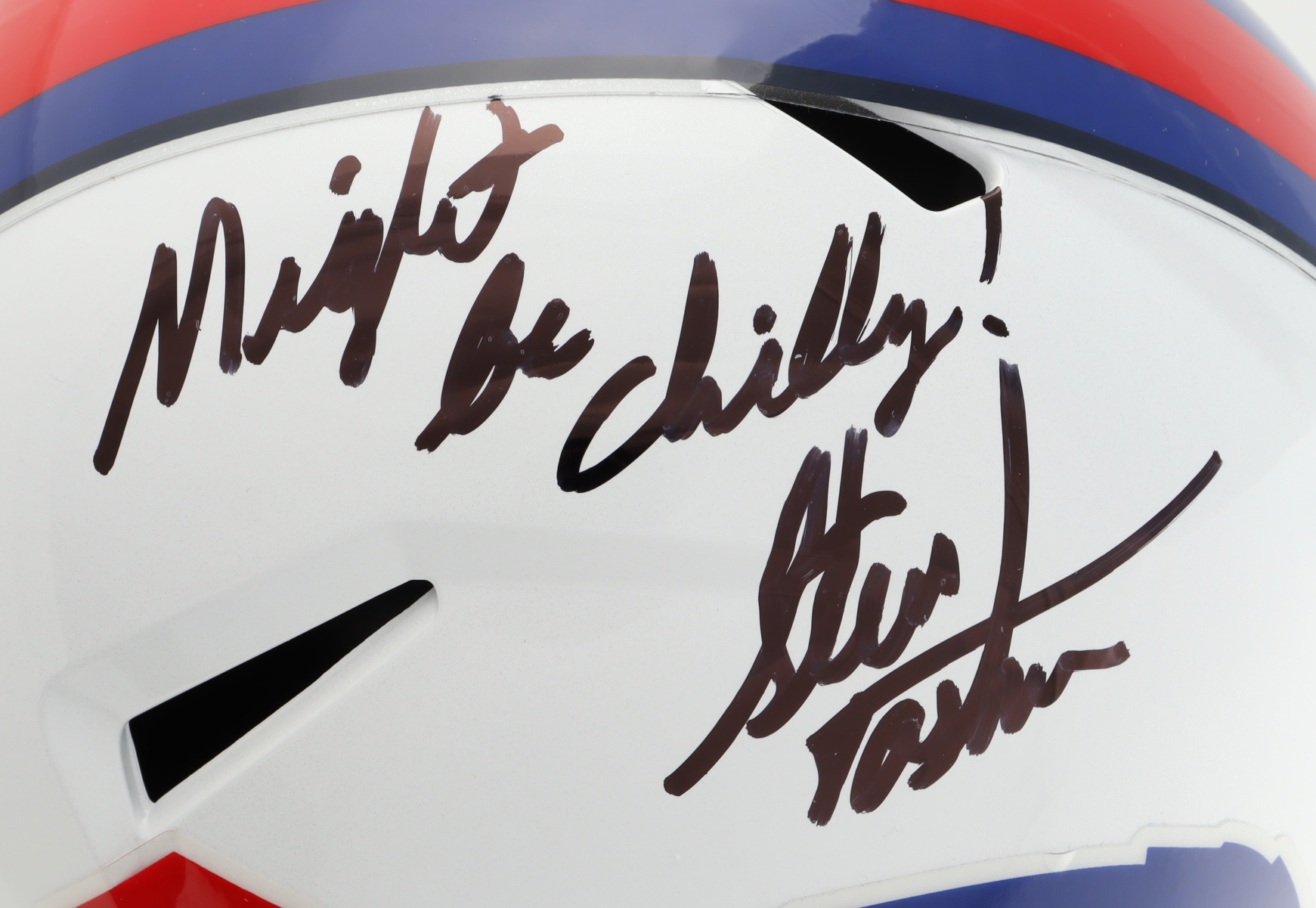 Steve Tasker Signed Bills Full-Size Speed Helmet Inscribed "Might Be Chilly" (Beckett) at PristineAuction.com Steve Tasker Signed Bills Full-Size Speed Helmet Inscribed "Might Be Chilly" (Beckett) at PristineAuction.com