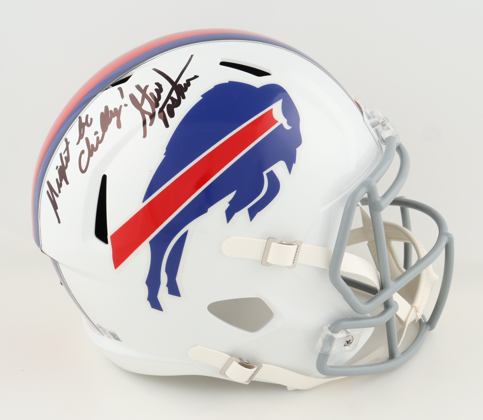 Steve Tasker Signed Bills Full-Size Speed Helmet Inscribed "Might Be Chilly" (Beckett) at PristineAuction.com Steve Tasker Signed Bills Full-Size Speed Helmet Inscribed "Might Be Chilly" (Beckett) at PristineAuction.com