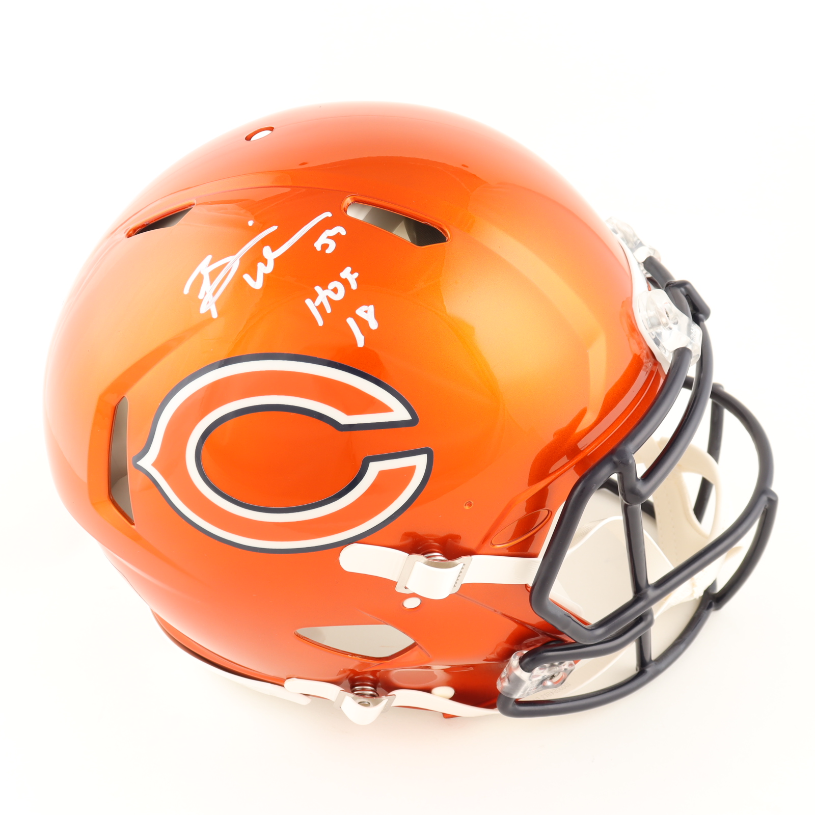 Brian Urlacher Signed Bears Full-Size Authentic On-Field Flash Alternate Speed Helmet Inscribed "HOF 18" (Beckett) at PristineAuction.com Brian Urlacher Signed Bears Full-Size Authentic On-Field Flash Alternate Speed Helmet Inscribed "HOF 18" (Beckett) at PristineAuction.com