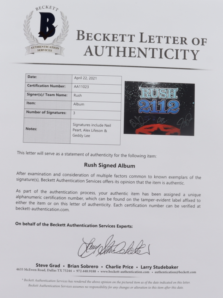 Neil Peart, Alex Lifeson & Geddy Lee Signed "Rush 2112" Vinyl Record Album (Beckett LOA) at PristineAuction.com Neil Peart, Alex Lifeson & Geddy Lee Signed "Rush 2112" Vinyl Record Album (Beckett LOA) at PristineAuction.com