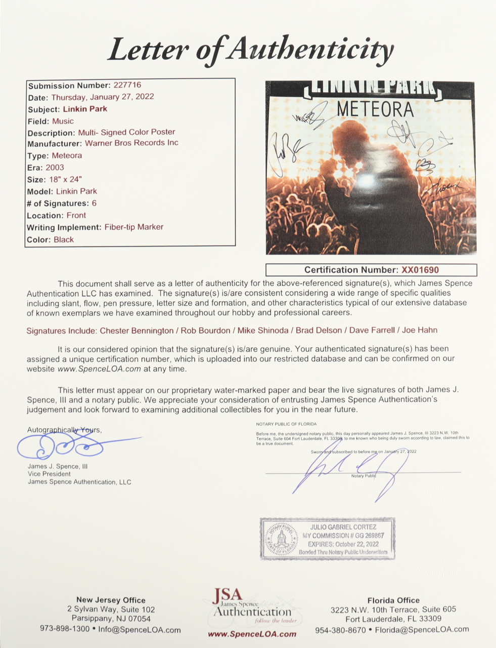 Linkin Park "Meteora" 26x32 Custom Framed Photo Signed by (6) with Chester Bennington, Rob Bourdon, Mike Shinoda, Brad Delson, Dave Farrell (JSA) at PristineAuction.com Linkin Park "Meteora" 26x32 Custom Framed Photo Signed by (6) with Chester Bennington, Rob Bourdon, Mike Shinoda, Brad Delson, Dave Farrell (JSA) at PristineAuction.com