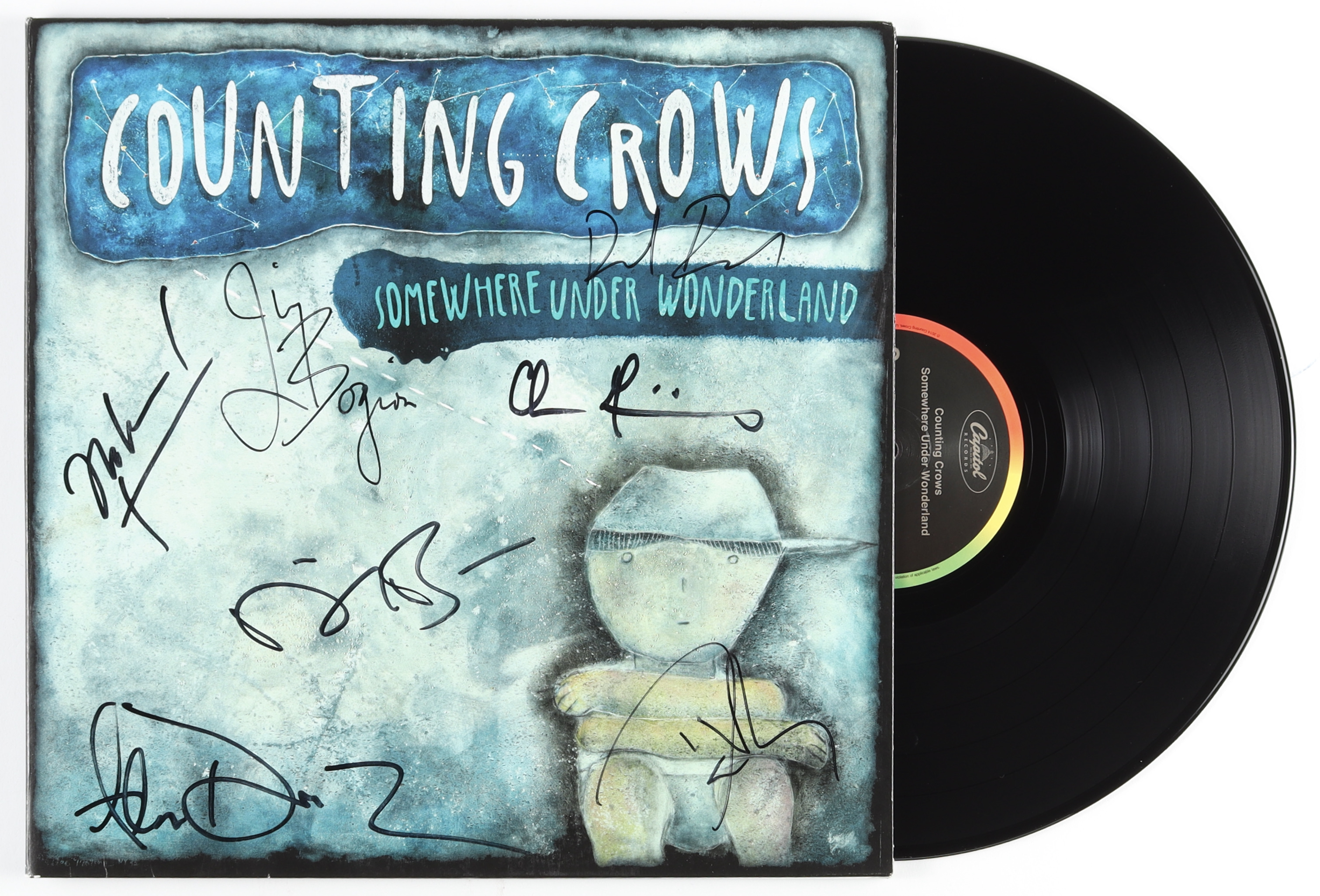 Counting Crows "Somewhere Under Wonderland" Vinyl Album Cover Band-Signed by (7) With Adam Duritz, David Immergluck, Dan Vickery, Jim Bogios (JSA) at PristineAuction.com Counting Crows "Somewhere Under Wonderland" Vinyl Album Cover Band-Signed by (7) With Adam Duritz, David Immergluck, Dan Vickery, Jim Bogios (JSA) at PristineAuction.com