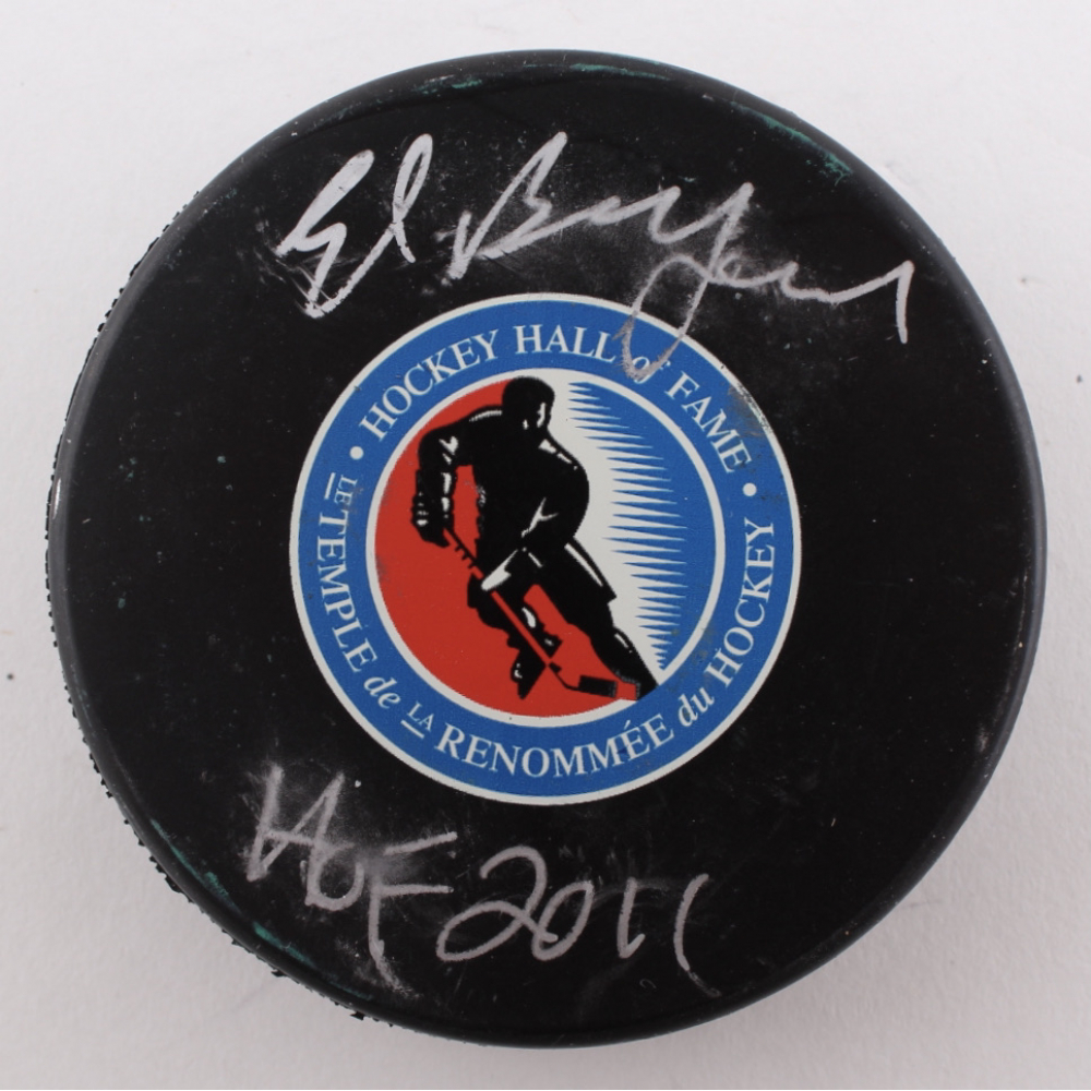 Ed Belfour Signed Hockey Hall of Fame Logo Hockey Puck Inscribed "HOF