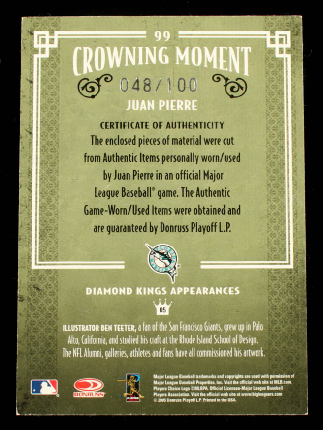 Juan Pierre 2005 Diamond Kings Materials Framed Red #99  Bat-Bat #48/100 at PristineAuction.com Juan Pierre 2005 Diamond Kings Materials Framed Red #99  Bat-Bat #48/100 at PristineAuction.com