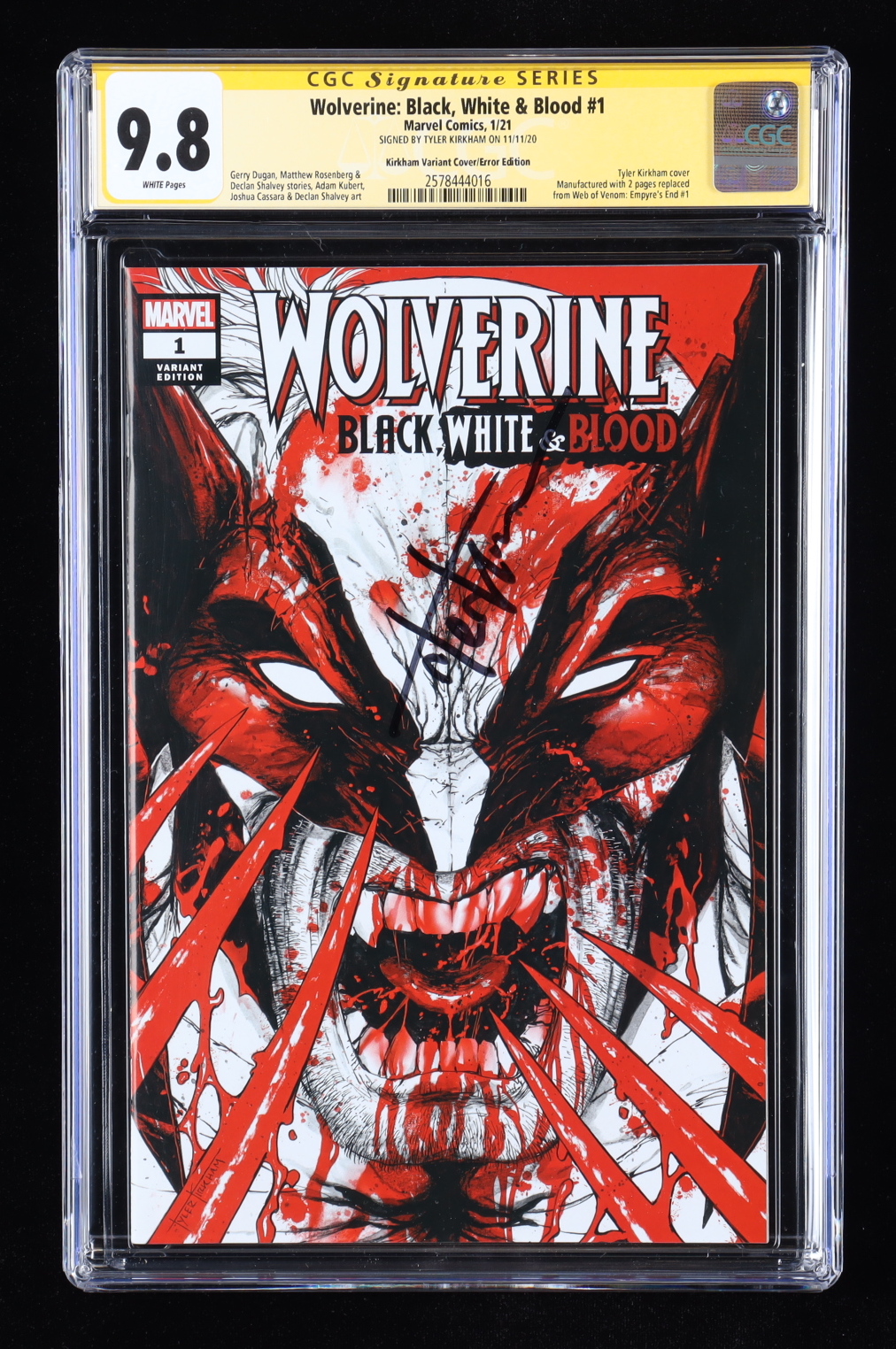 Tyler Kirkham Signed 2021 "Wolverine: Black, White & Blood" #1 Marvel Comic Book (CGC 9.8) at PristineAuction.com Tyler Kirkham Signed 2021 "Wolverine: Black, White & Blood" #1 Marvel Comic Book (CGC 9.8) at PristineAuction.com