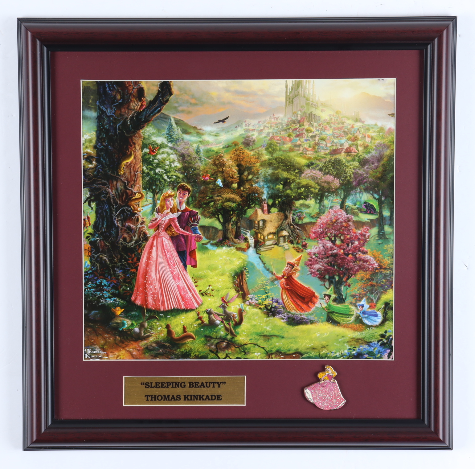 Thomas Kinkade "Sleeping Beauty" 16x16 Custom Framed Print Display with Aurora Character Pin at PristineAuction.com Thomas Kinkade "Sleeping Beauty" 16x16 Custom Framed Print Display with Aurora Character Pin at PristineAuction.com