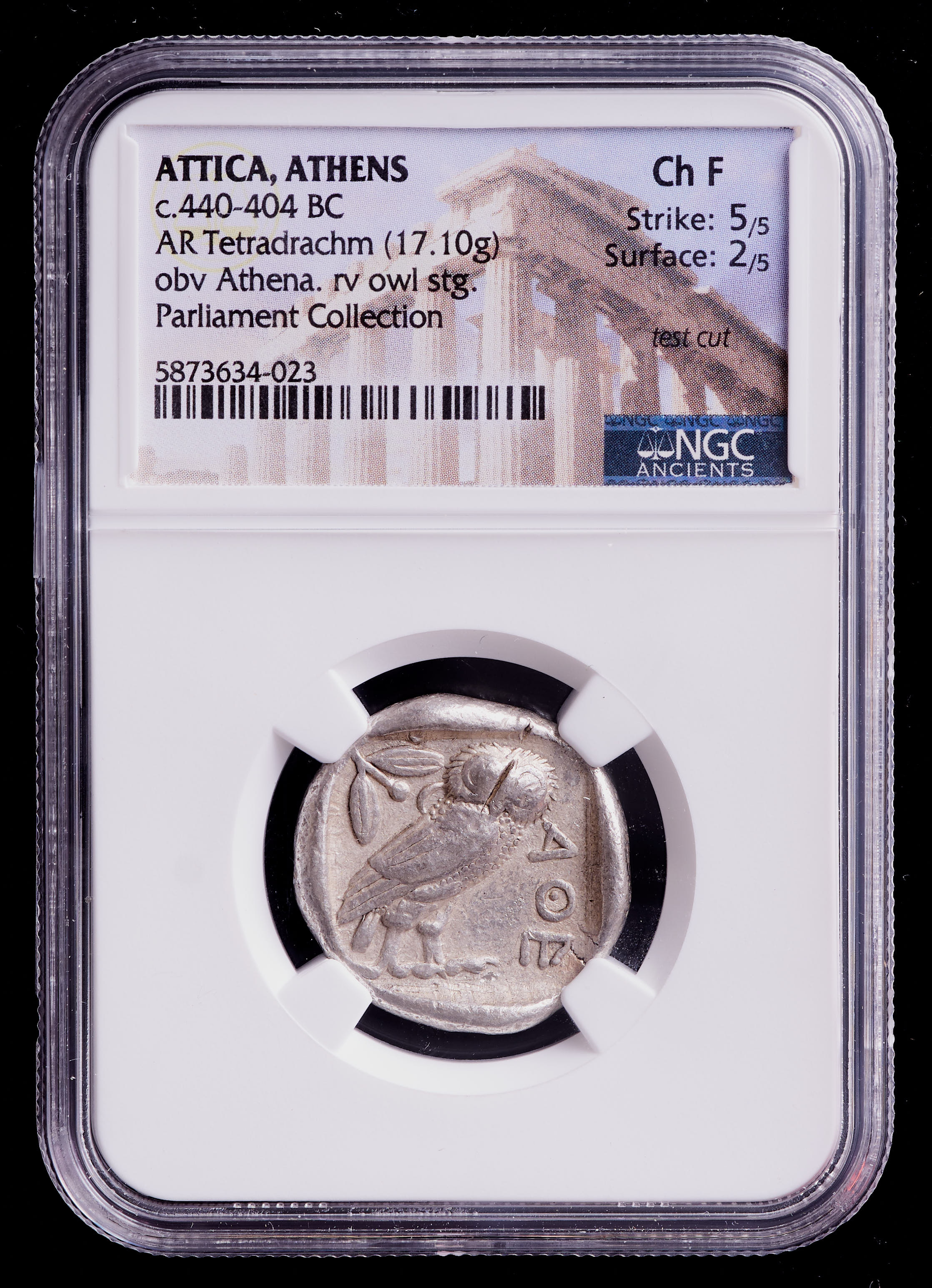Attica, Athens (c.440-404 BC) AR Tetradrachm Ancient Greek Silver Coin, Test Cut - Parliament Collection (NGC Ch F) Strike; 5/5, Surface; 2/5 at PristineAuction.com Attica, Athens (c.440-404 BC) AR Tetradrachm Ancient Greek Silver Coin, Test Cut - Parliament Collection (NGC Ch F) Strike; 5/5, Surface; 2/5 at PristineAuction.com