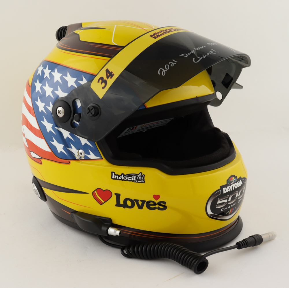 Michael McDowell Signed NASCAR Love's Full-Size Helmet Inscribed "2021 Daytona 500 Champ!" (PA) at PristineAuction.com Michael McDowell Signed NASCAR Love's Full-Size Helmet Inscribed "2021 Daytona 500 Champ!" (PA) at PristineAuction.com