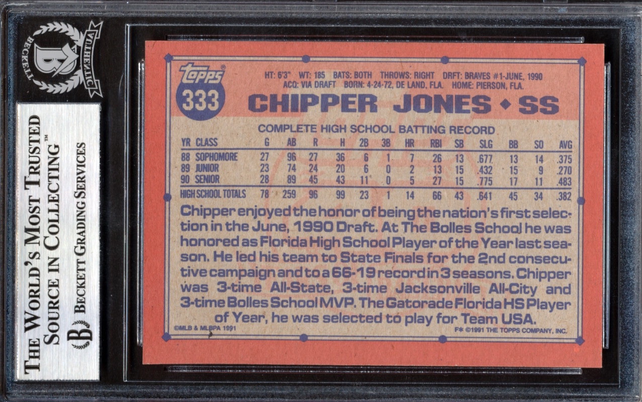 Chipper Jones Signed 1991 Topps #333 RC (BGS) at PristineAuction.com Chipper Jones Signed 1991 Topps #333 RC (BGS) at PristineAuction.com