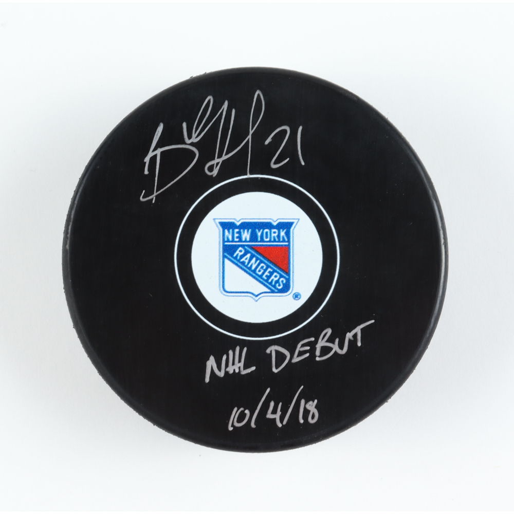 Brett Howden Signed Rangers Logo Hockey Puck Inscribed "NHL Debut 10/4