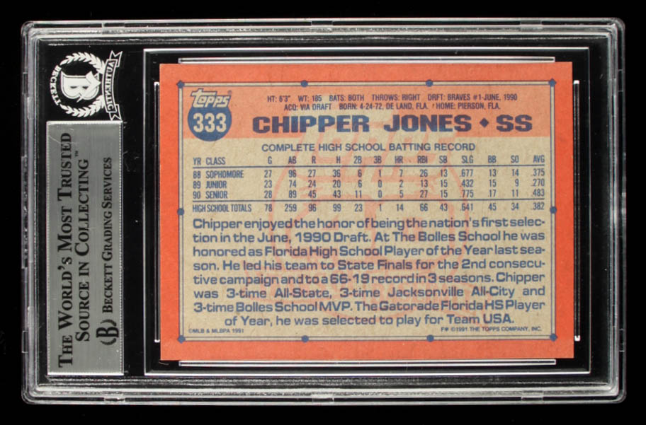 Chipper Jones Signed 1991 Topps #333 RC (BGS) at PristineAuction.com Chipper Jones Signed 1991 Topps #333 RC (BGS) at PristineAuction.com