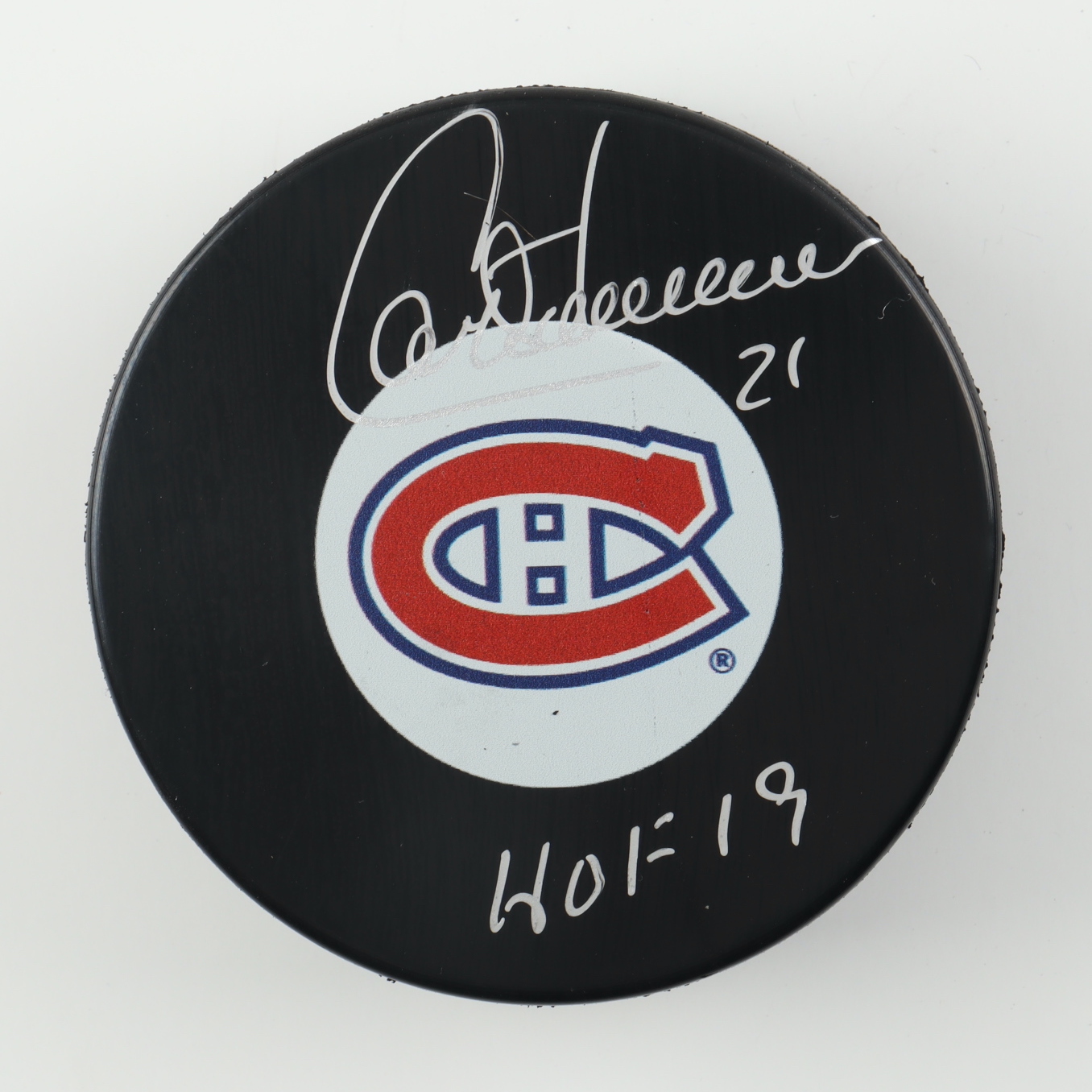 Guy Carbonneau Signed Canadiens Logo Hockey Puck Inscribed "HOF 19" (COJO) at PristineAuction.com Guy Carbonneau Signed Canadiens Logo Hockey Puck Inscribed "HOF 19" (COJO) at PristineAuction.com