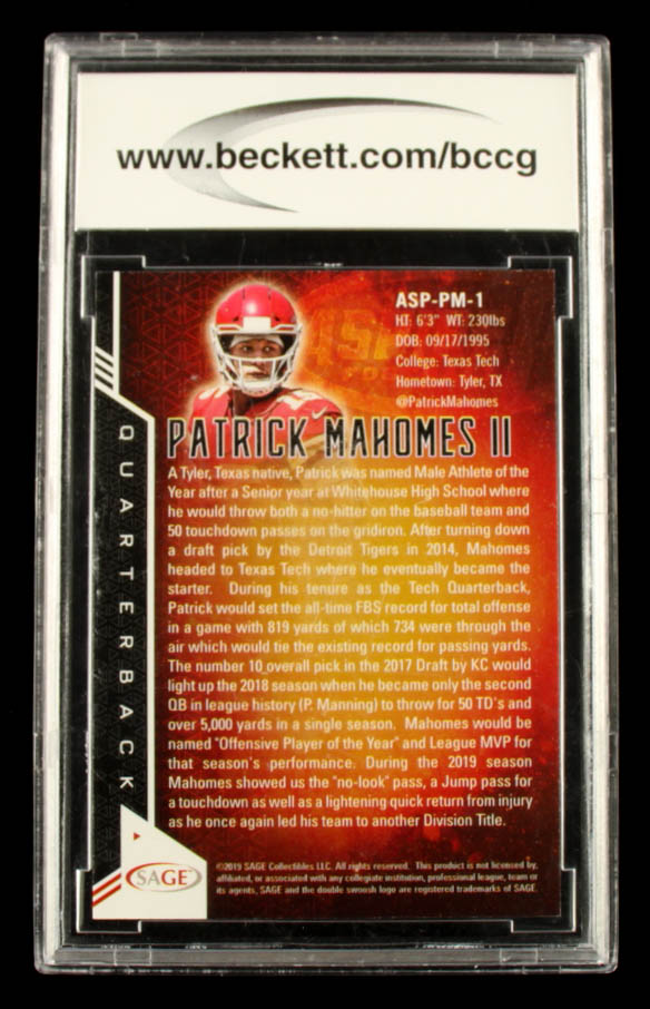 Patrick Mahomes 2019 SAGE Aspire #ASPPM1 (BCCG 10) at PristineAuction.com Patrick Mahomes 2019 SAGE Aspire #ASPPM1 (BCCG 10) at PristineAuction.com
