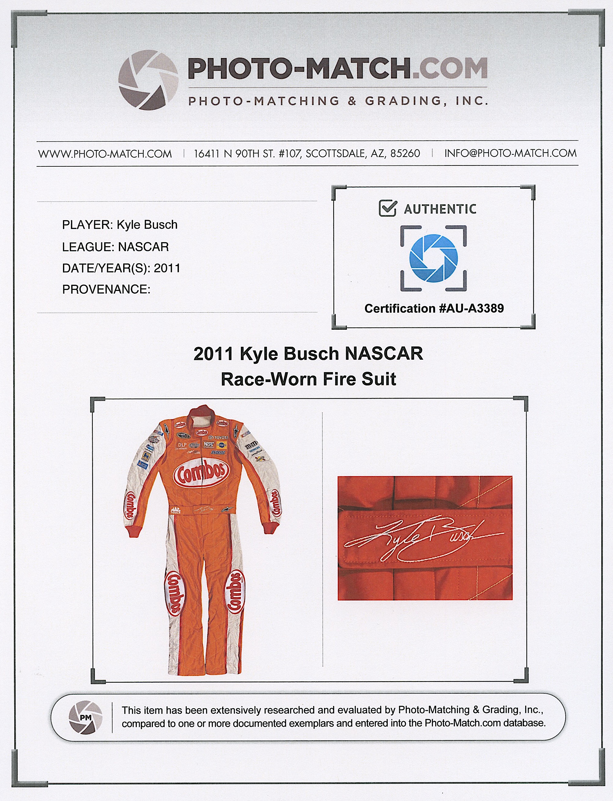 Kyle Busch Signed & Race-Used 2011 NASCAR Cup Series Combos Driver's Suit (Photo-Match.com) at PristineAuction.com Kyle Busch Signed & Race-Used 2011 NASCAR Cup Series Combos Driver's Suit (Photo-Match.com) at PristineAuction.com
