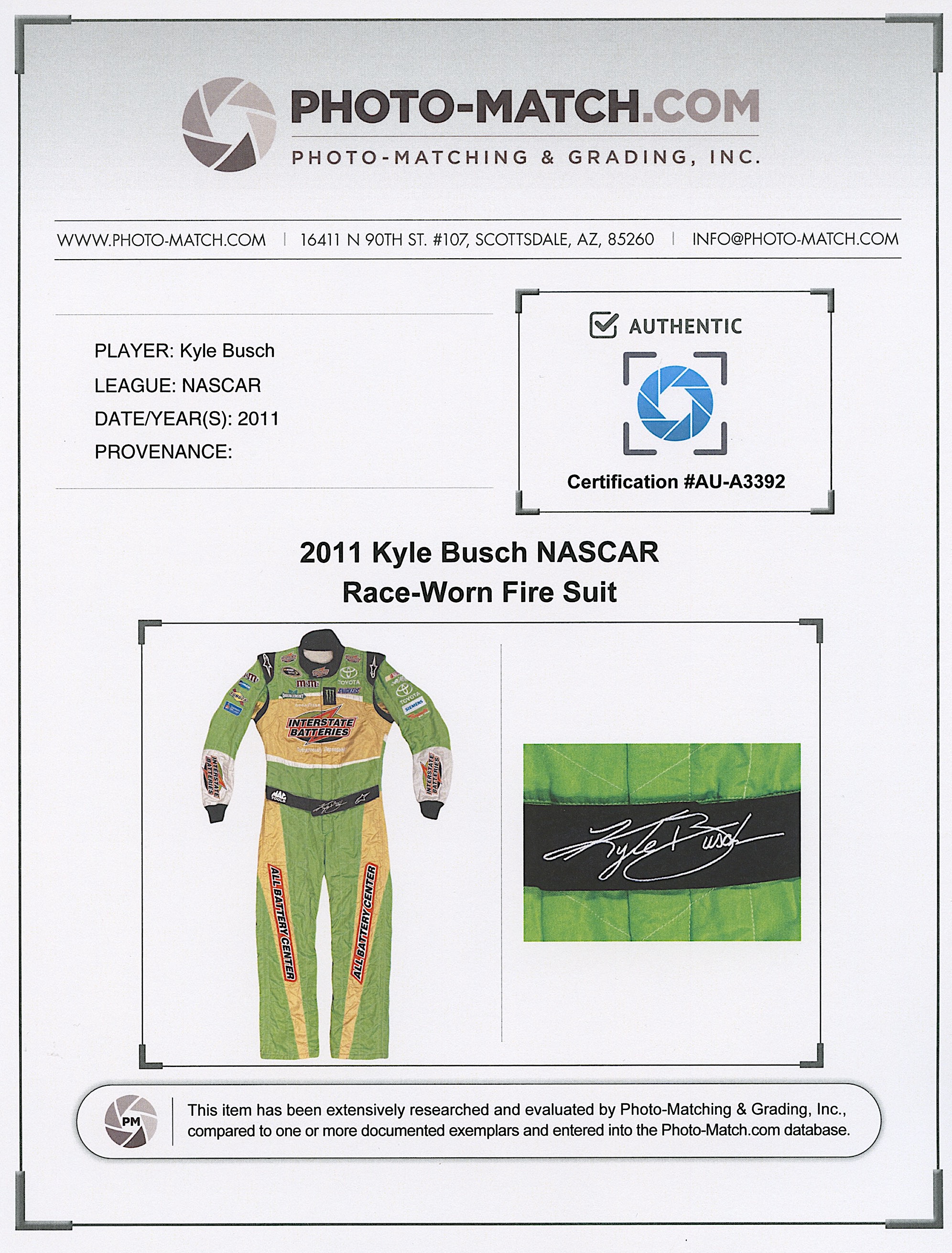 Kyle Busch Signed & Race-Used 2011 NASCAR Cup Series Interstate Batteries Driver's Suit (Photo-Match.com) at PristineAuction.com Kyle Busch Signed & Race-Used 2011 NASCAR Cup Series Interstate Batteries Driver's Suit (Photo-Match.com) at PristineAuction.com