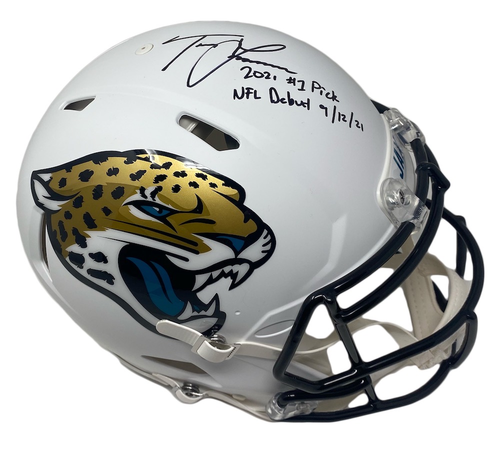 Trevor Lawrence Signed LE Jaguars Full-Size Speed Helmet Inscribed "2021 #1 Pick" & "NFL Debut 9/12/21" (Fanatics) at PristineAuction.com Trevor Lawrence Signed LE Jaguars Full-Size Speed Helmet Inscribed "2021 #1 Pick" & "NFL Debut 9/12/21" (Fanatics) at PristineAuction.com