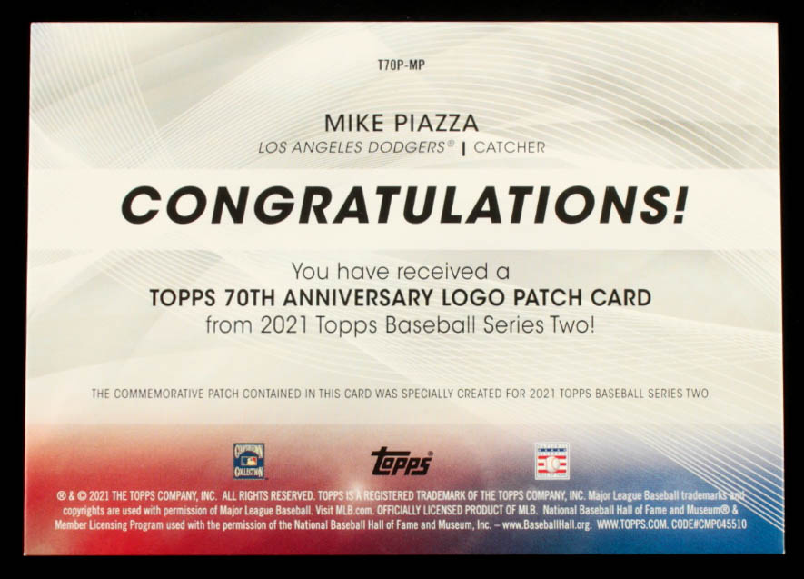 Mike Piazza 2021 Topps 70th Anniversary Commemorative Logo Patches #T70PMP S2 at PristineAuction.com Mike Piazza 2021 Topps 70th Anniversary Commemorative Logo Patches #T70PMP S2 at PristineAuction.com