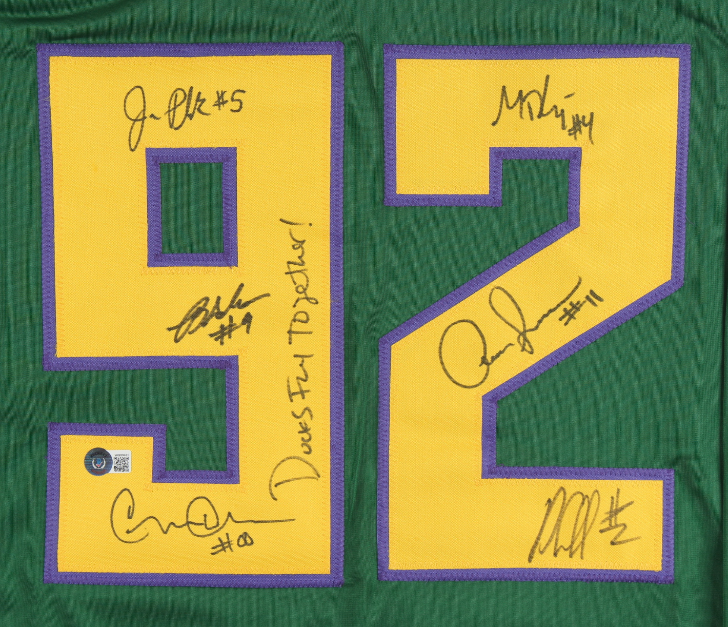"The Mighty Ducks" Jersey Cast-Signed by (6) with Brandon Adams, Jane Plank, Matt Doherty, Garette Henson Inscribed "Ducks Fly Together!" (Beckett) at PristineAuction.com "The Mighty Ducks" Jersey Cast-Signed by (6) with Brandon Adams, Jane Plank, Matt Doherty, Garette Henson Inscribed "Ducks Fly Together!" (Beckett) at PristineAuction.com