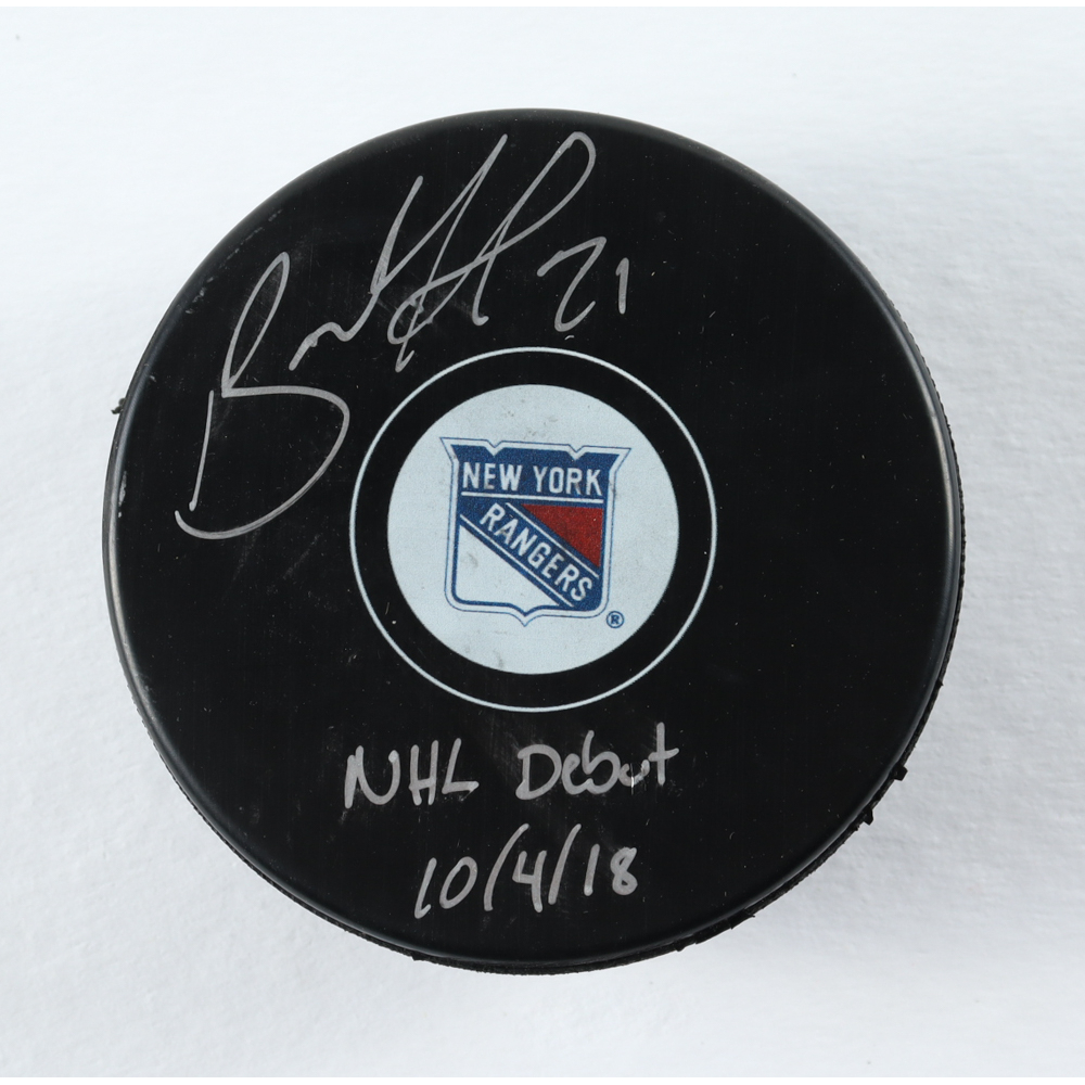 Brett Howden Signed Rangers Logo Hockey Puck Inscribed "NHL Debut 10/4