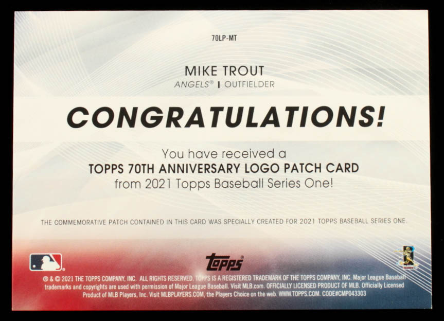 Mike Trout 2021 Topps 70th Anniversary Commemorative Logo Patches #70LPMT at PristineAuction.com Mike Trout 2021 Topps 70th Anniversary Commemorative Logo Patches #70LPMT at PristineAuction.com