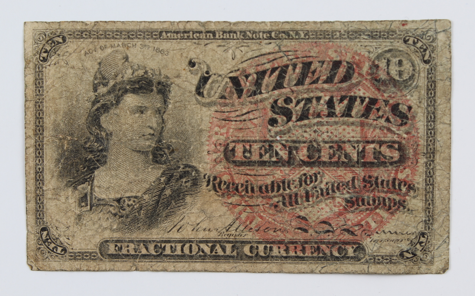 1869-75 United States 10¢ Ten Cents Fractional Postage Currency Bank Note at PristineAuction.com 1869-75 United States 10¢ Ten Cents Fractional Postage Currency Bank Note at PristineAuction.com