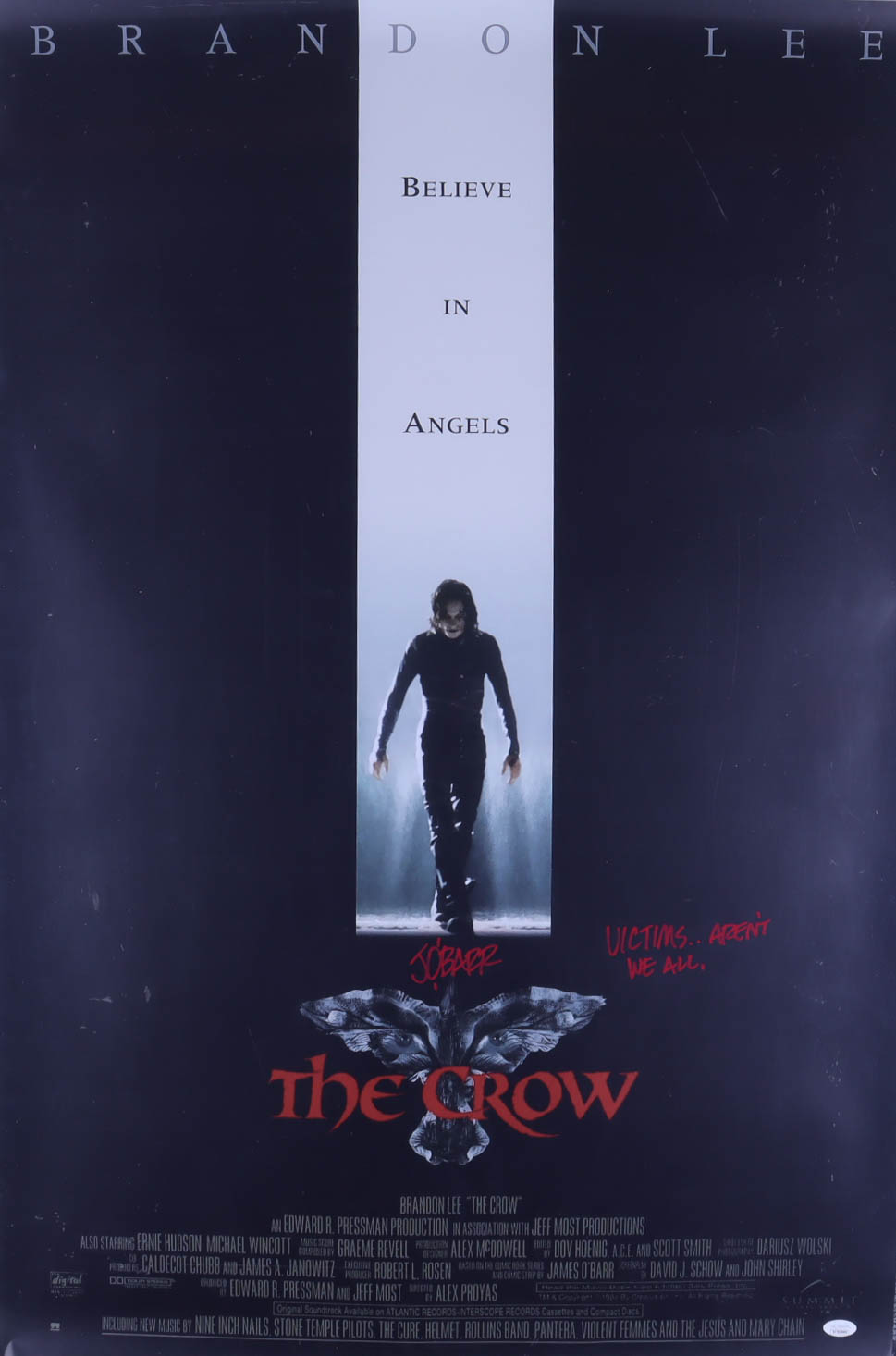 James O'Barr Signed "The Crow" 27x40 Movie Poster Inscribed "Victims..Aren't We All" (JSA) at PristineAuction.com James O'Barr Signed "The Crow" 27x40 Movie Poster Inscribed "Victims..Aren't We All" (JSA) at PristineAuction.com