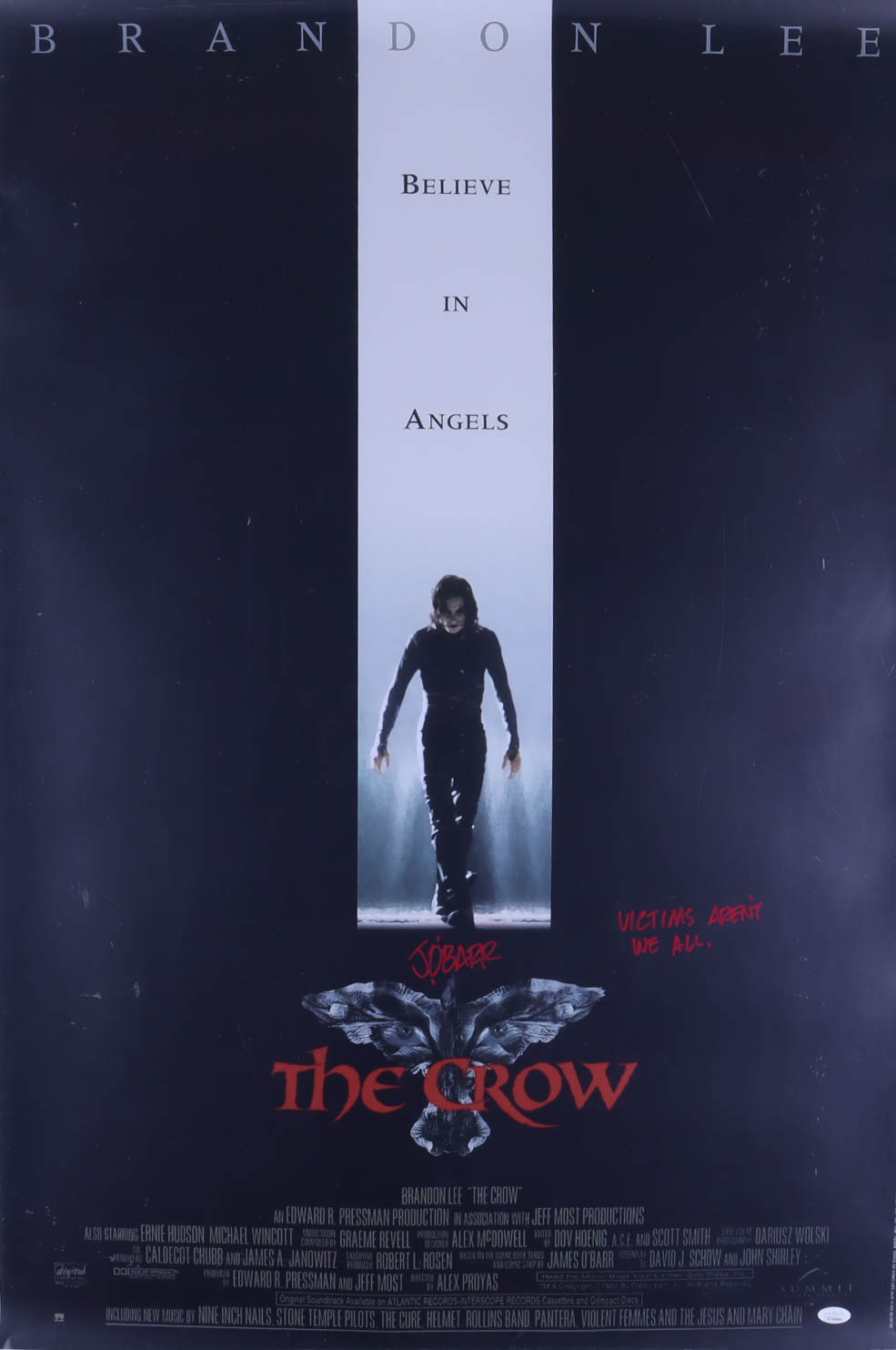 James O'Barr Signed "The Crow" 27x40 Movie Poster Inscribed "Victims..Aren't We All" (JSA) at PristineAuction.com James O'Barr Signed "The Crow" 27x40 Movie Poster Inscribed "Victims..Aren't We All" (JSA) at PristineAuction.com