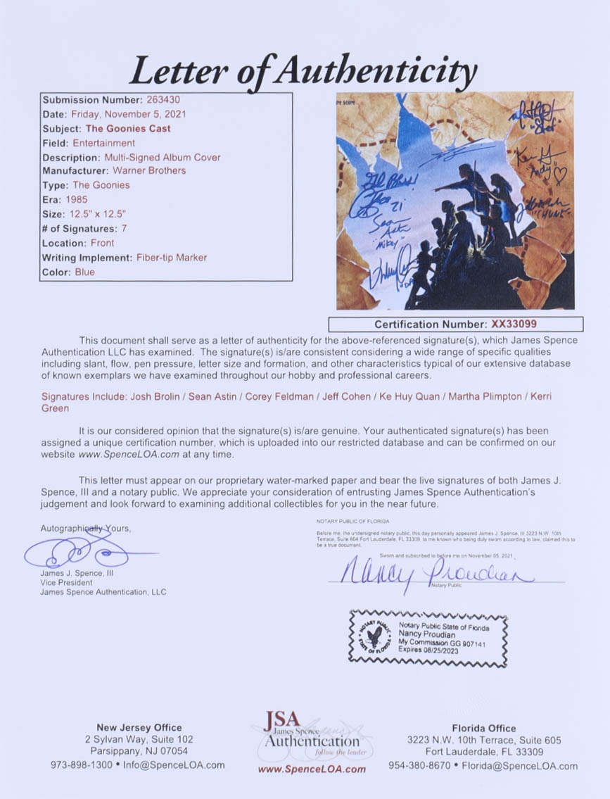 "The Goonies" 21x25 Custom Framed Display Cast-Signed by (7) Including Josh Brolin, Sean Astin, Martha Plimpton & Corey Feldman Kerri Green, Jonathan Ke Huy Quan with Multiple Inscriptions (JSA) at PristineAuction.com "The Goonies" 21x25 Custom Framed Display Cast-Signed by (7) Including Josh Brolin, Sean Astin, Martha Plimpton & Corey Feldman Kerri Green, Jonathan Ke Huy Quan with Multiple Inscriptions (JSA) at PristineAuction.com