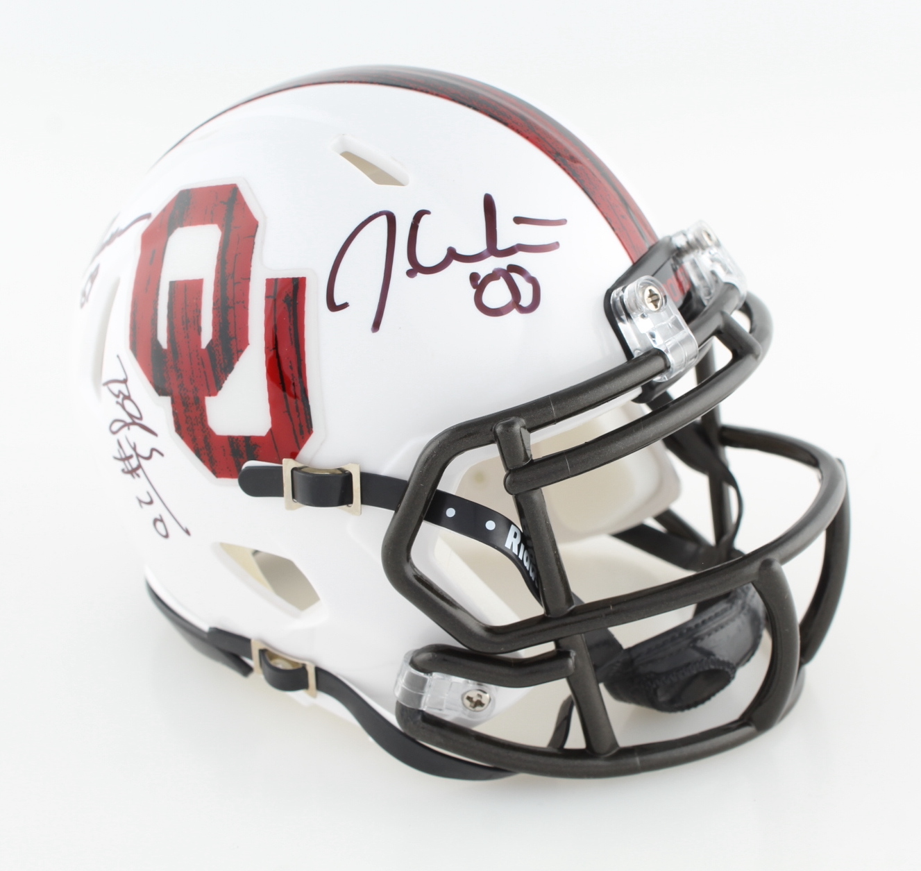 Billy Sims, Steve Owens & Jason White Signed Oklahoma Sooners Speed Mini Helmet with Heisman Inscriptions (Beckett) at PristineAuction.com Billy Sims, Steve Owens & Jason White Signed Oklahoma Sooners Speed Mini Helmet with Heisman Inscriptions (Beckett) at PristineAuction.com
