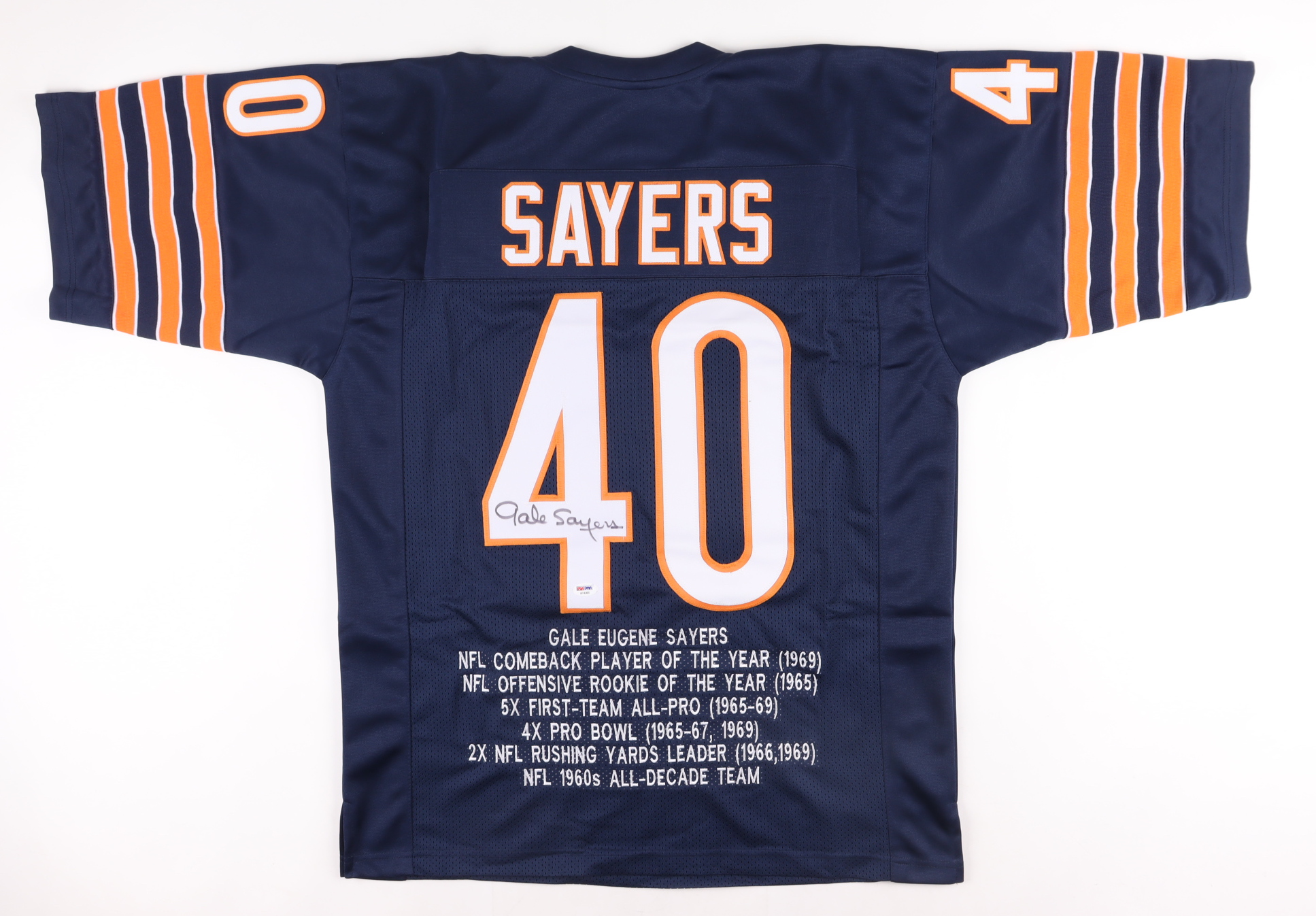 Gale Sayers Signed Career Highlight Stat Jersey (PSA) at PristineAuction.com Gale Sayers Signed Career Highlight Stat Jersey (PSA) at PristineAuction.com