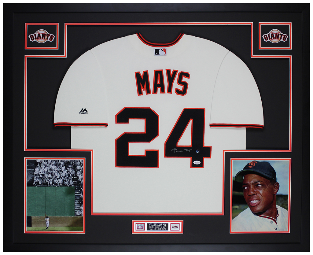 Willie Mays Signed Giants 35x43 Custom Framed Jersey Display (JSA) at PristineAuction.com Willie Mays Signed Giants 35x43 Custom Framed Jersey Display (JSA) at PristineAuction.com
