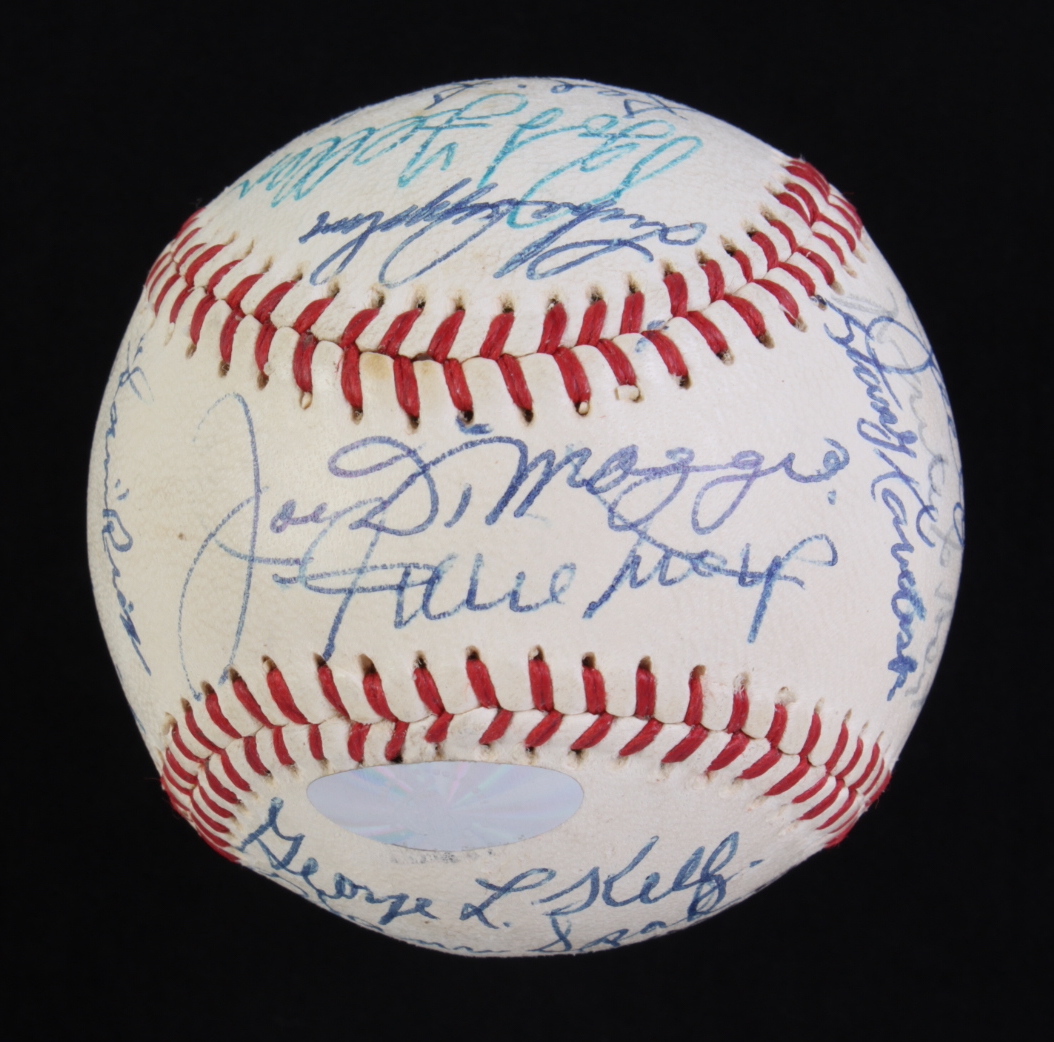 Hall Of Fame Members Baseball Signed By (25) With Joe DiMaggio, Willie Mays, Satchel Paige, Hank Greenberg , and Lefty Grove (PSA) at PristineAuction.com Hall Of Fame Members Baseball Signed By (25) With Joe DiMaggio, Willie Mays, Satchel Paige, Hank Greenberg , and Lefty Grove (PSA) at PristineAuction.com