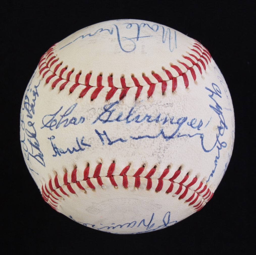 Hall Of Fame Members Baseball Signed By (25) With Joe DiMaggio, Willie Mays, Satchel Paige, Hank Greenberg , and Lefty Grove (PSA) at PristineAuction.com Hall Of Fame Members Baseball Signed By (25) With Joe DiMaggio, Willie Mays, Satchel Paige, Hank Greenberg , and Lefty Grove (PSA) at PristineAuction.com