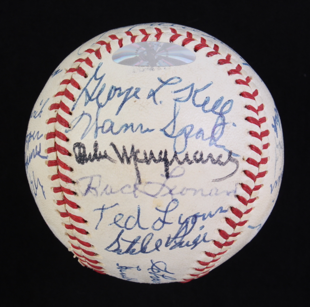 Hall Of Fame Members Baseball Signed By (25) With Joe DiMaggio, Willie Mays, Satchel Paige, Hank Greenberg , and Lefty Grove (PSA) at PristineAuction.com Hall Of Fame Members Baseball Signed By (25) With Joe DiMaggio, Willie Mays, Satchel Paige, Hank Greenberg , and Lefty Grove (PSA) at PristineAuction.com