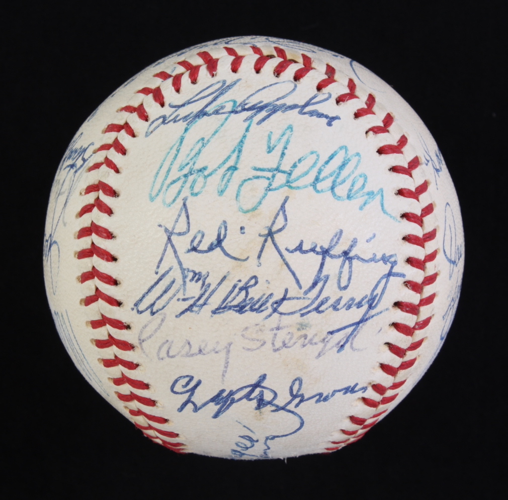 Hall Of Fame Members Baseball Signed By (25) With Joe DiMaggio, Willie Mays, Satchel Paige, Hank Greenberg , and Lefty Grove (PSA) at PristineAuction.com Hall Of Fame Members Baseball Signed By (25) With Joe DiMaggio, Willie Mays, Satchel Paige, Hank Greenberg , and Lefty Grove (PSA) at PristineAuction.com