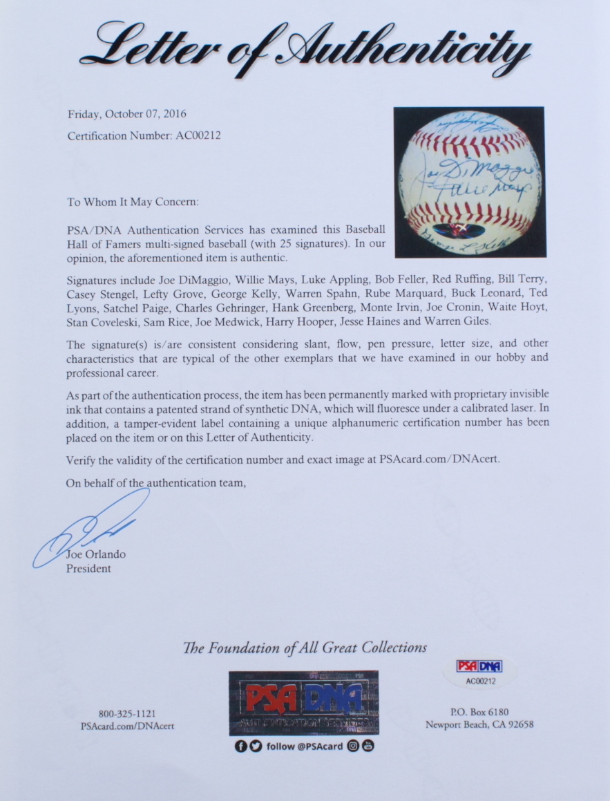 Hall Of Fame Members Baseball Signed By (25) With Joe DiMaggio, Willie Mays, Satchel Paige, Hank Greenberg , and Lefty Grove (PSA) at PristineAuction.com Hall Of Fame Members Baseball Signed By (25) With Joe DiMaggio, Willie Mays, Satchel Paige, Hank Greenberg , and Lefty Grove (PSA) at PristineAuction.com