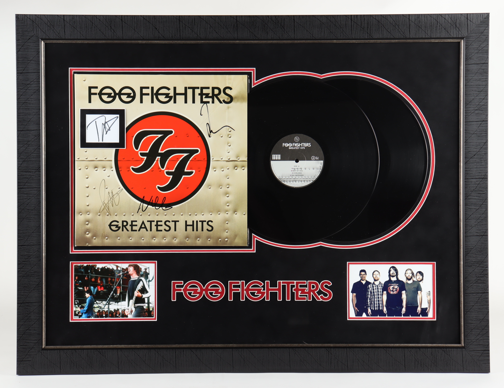 Foo Fighters 25.5x35.5 Custom Framed Record Display Signed By (4) with Dave Grohl, Taylor Hawkins, Nate Mendel & Pat Smear (JSA) at PristineAuction.com Foo Fighters 25.5x35.5 Custom Framed Record Display Signed By (4) with Dave Grohl, Taylor Hawkins, Nate Mendel & Pat Smear (JSA) at PristineAuction.com