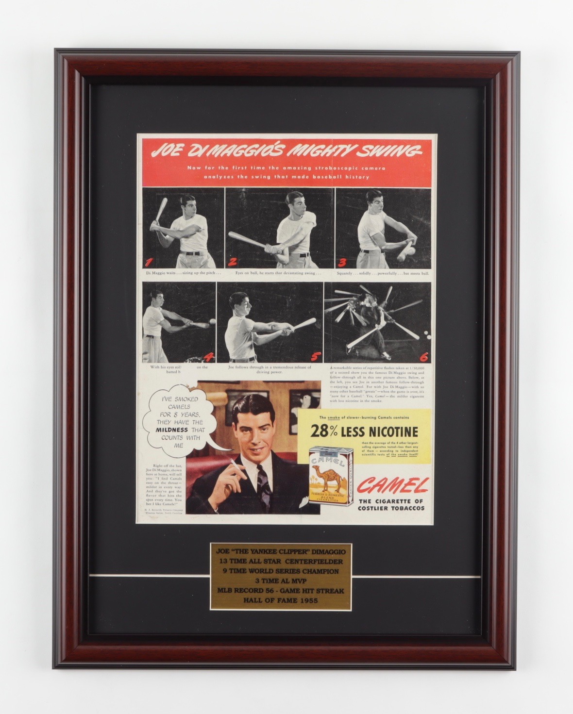 Joe DiMaggio 15x20 Custom Framed 1949 Original Camel Cigarettes Ad Display at PristineAuction.com Joe DiMaggio 15x20 Custom Framed 1949 Original Camel Cigarettes Ad Display at PristineAuction.com