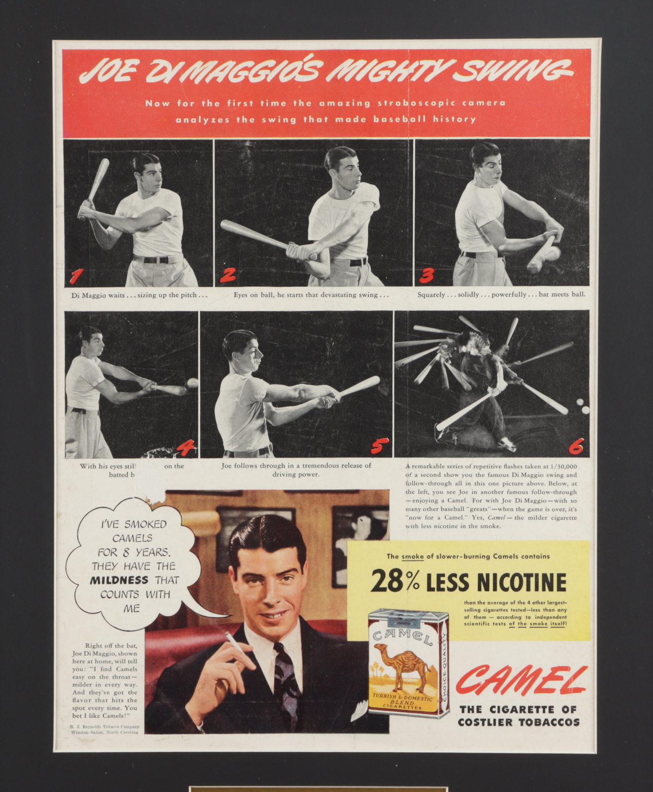 Joe DiMaggio 15x20 Custom Framed 1949 Original Camel Cigarettes Ad Display at PristineAuction.com Joe DiMaggio 15x20 Custom Framed 1949 Original Camel Cigarettes Ad Display at PristineAuction.com