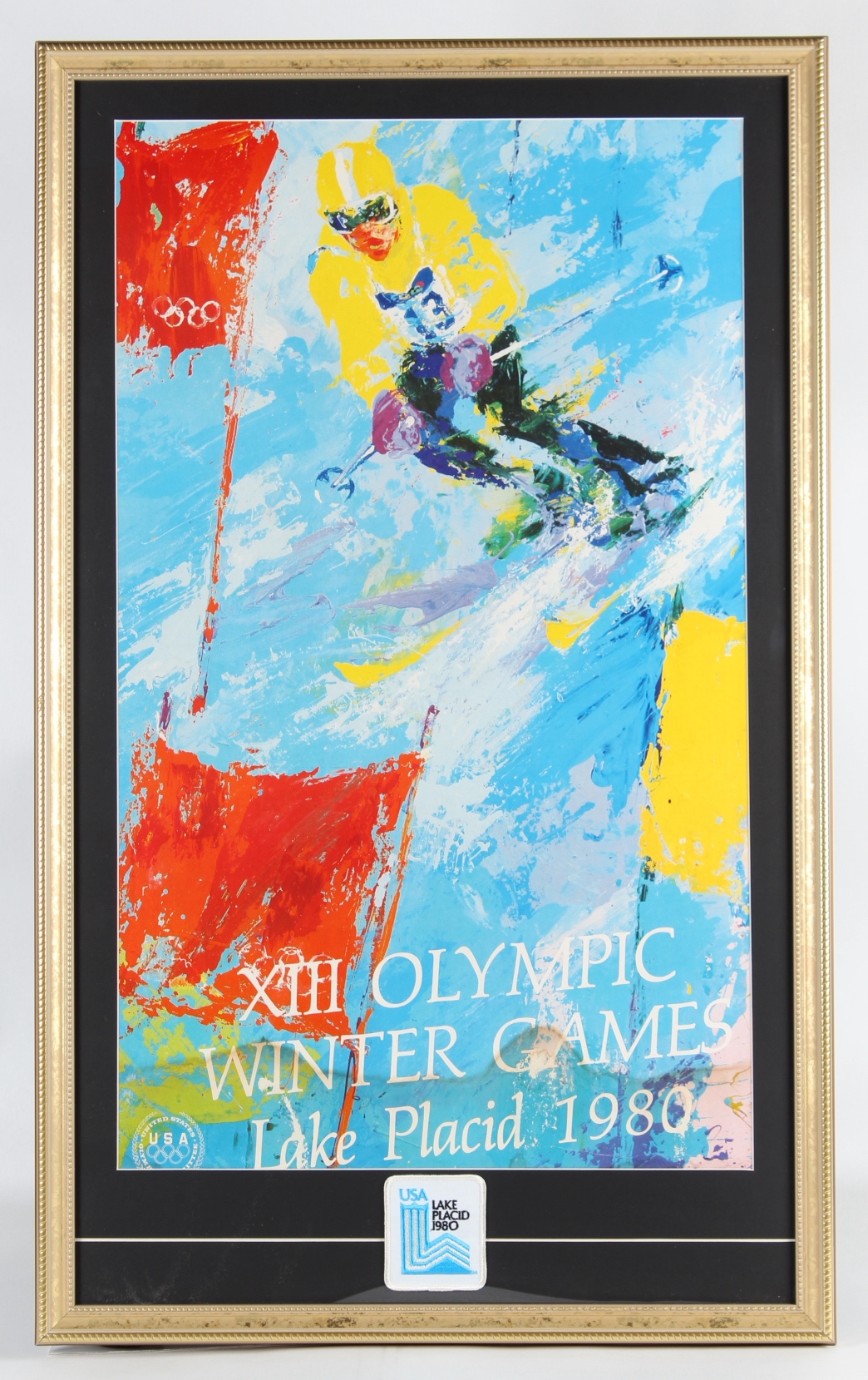 LeRoy Neiman "1980 Lake Placid XIII Olympic Winter Games" 22x36 Custom Framed Vintage Poster Display With Lake Placid 1980 Patch at PristineAuction.com LeRoy Neiman "1980 Lake Placid XIII Olympic Winter Games" 22x36 Custom Framed Vintage Poster Display With Lake Placid 1980 Patch at PristineAuction.com