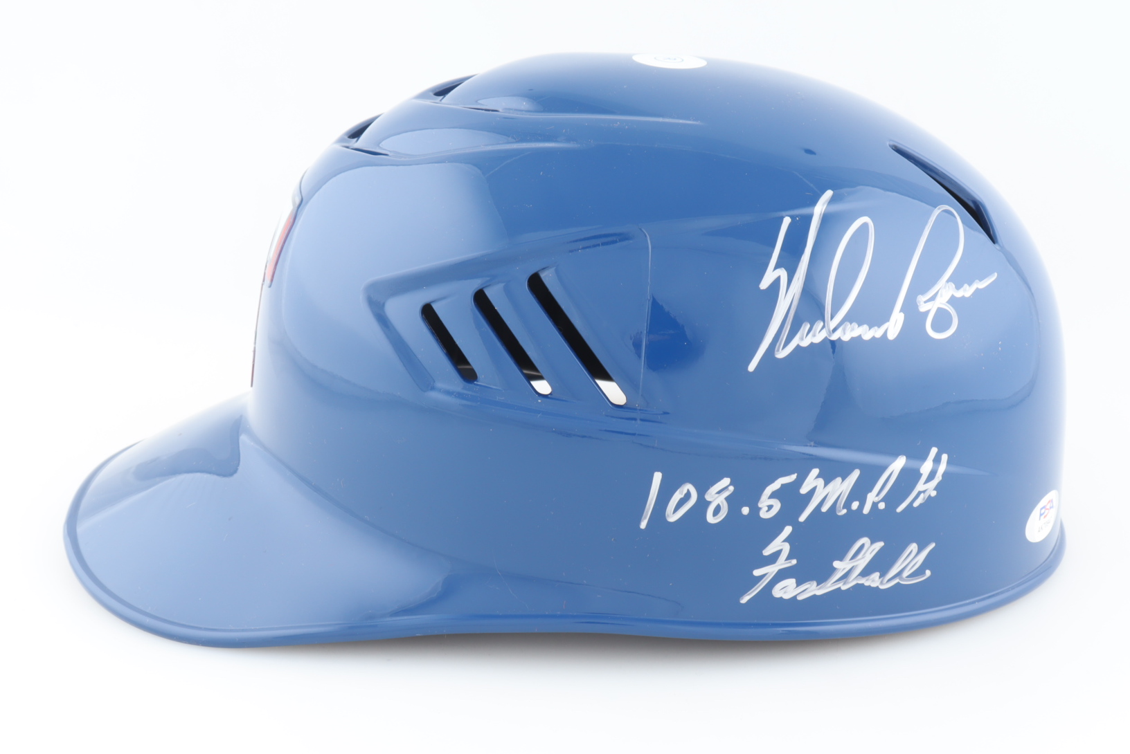 Nolan Ryan Signed Rangers Full-Size Cool Flo Helmet Batting Helmet Inscribed "108.5 M.P.H. Fastball" (PSA) at PristineAuction.com Nolan Ryan Signed Rangers Full-Size Cool Flo Helmet Batting Helmet Inscribed "108.5 M.P.H. Fastball" (PSA) at PristineAuction.com