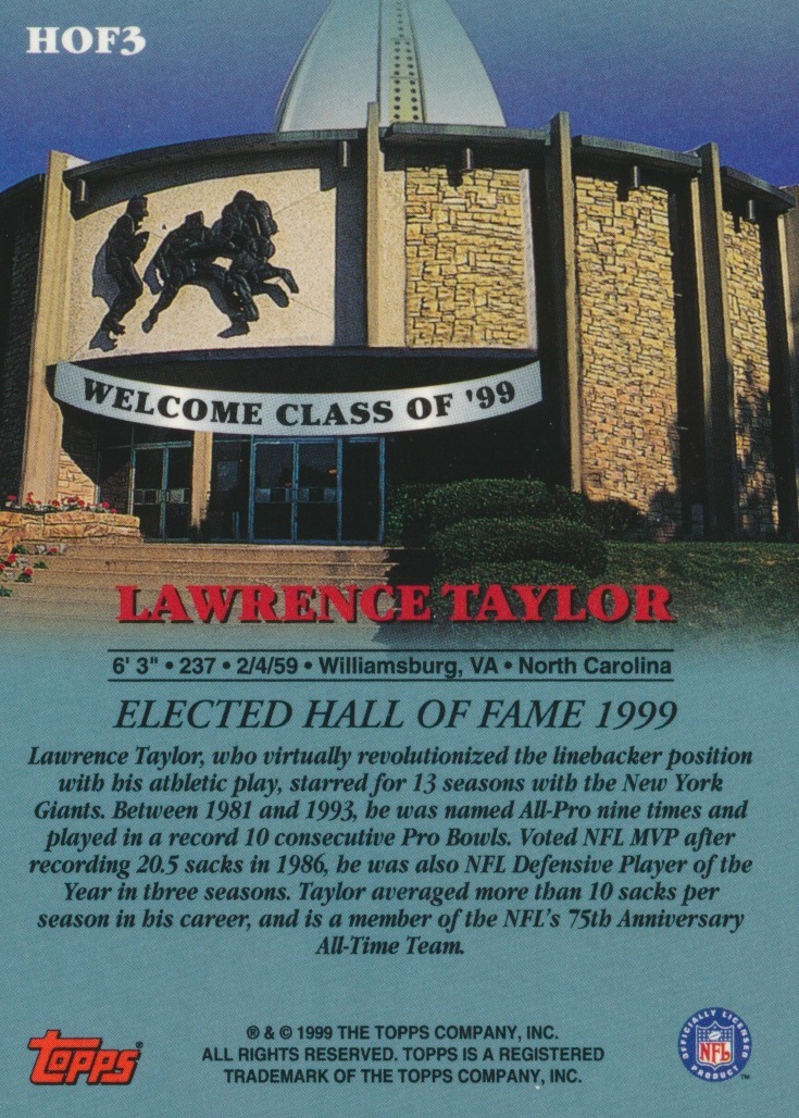 1999 Topps Hall of Fame Autographs #HOF3 Lawrence Taylor at PristineAuction.com 1999 Topps Hall of Fame Autographs #HOF3 Lawrence Taylor at PristineAuction.com