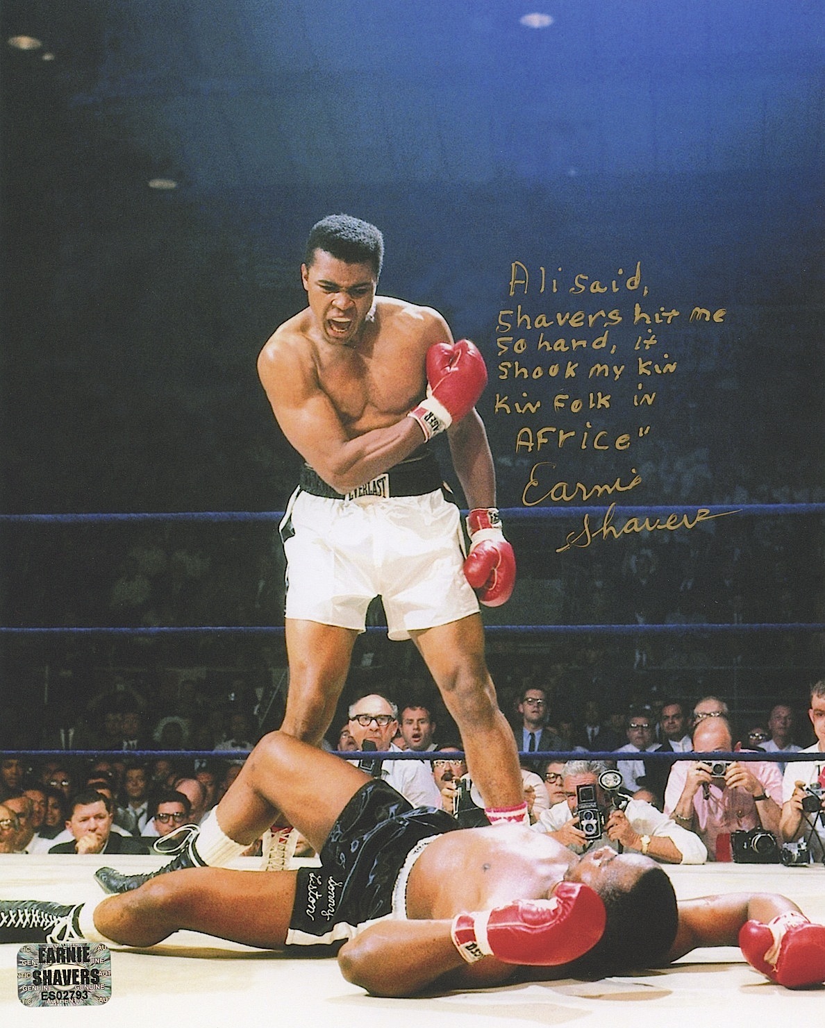 Earnie Shavers Signed 8x10 Photo of Muhammad Ali Over Sonny Liston with Extensive Inscription Referencing Ali (Shavers Hologram) at PristineAuction.com Earnie Shavers Signed 8x10 Photo of Muhammad Ali Over Sonny Liston with Extensive Inscription Referencing Ali (Shavers Hologram) at PristineAuction.com